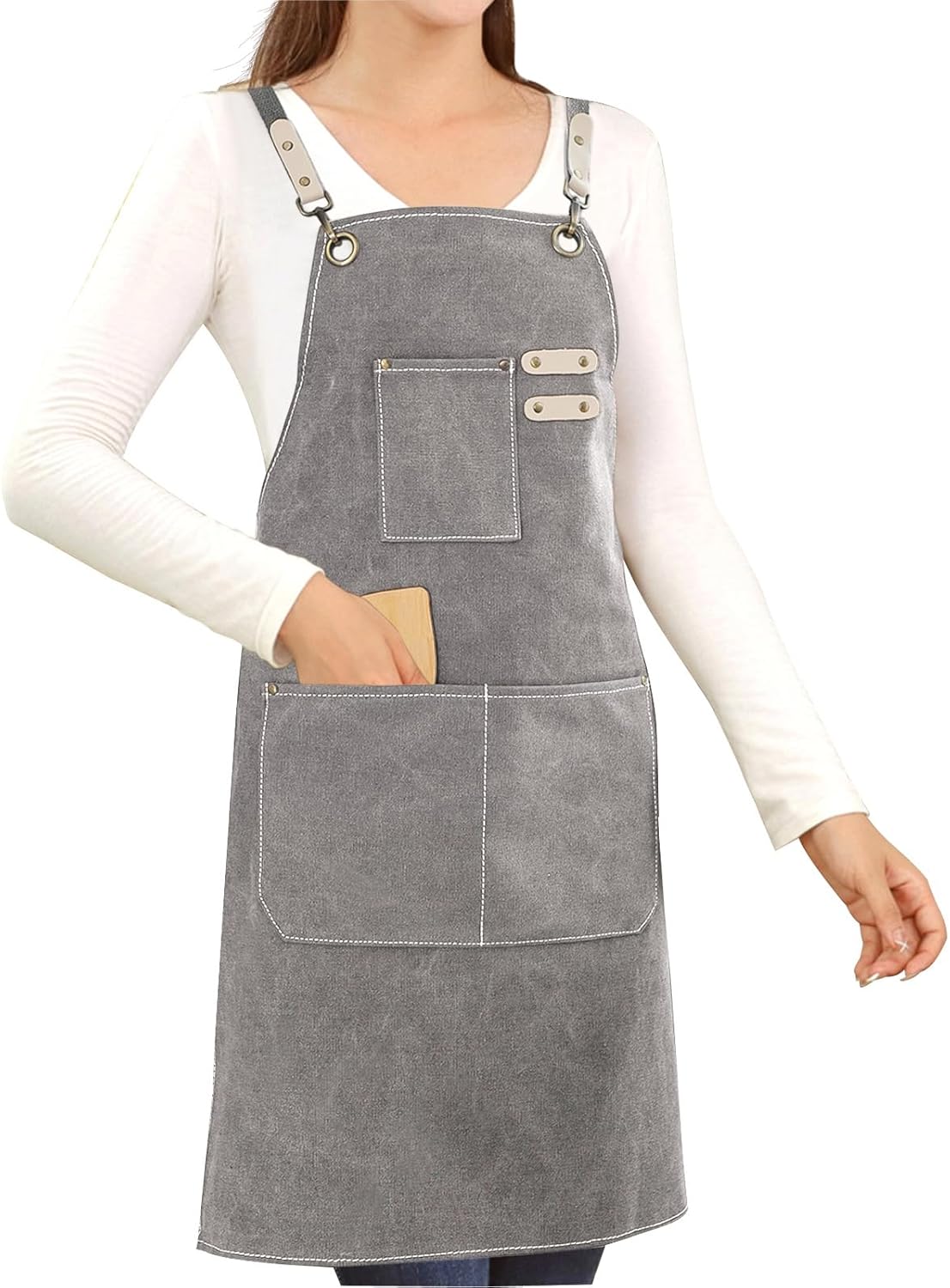 Cotton Canvas Cross Back Apron for Art Painting Garden Chef Bartender Work,Women Men 3 Pockets Waterproof Adjustable M-XXL