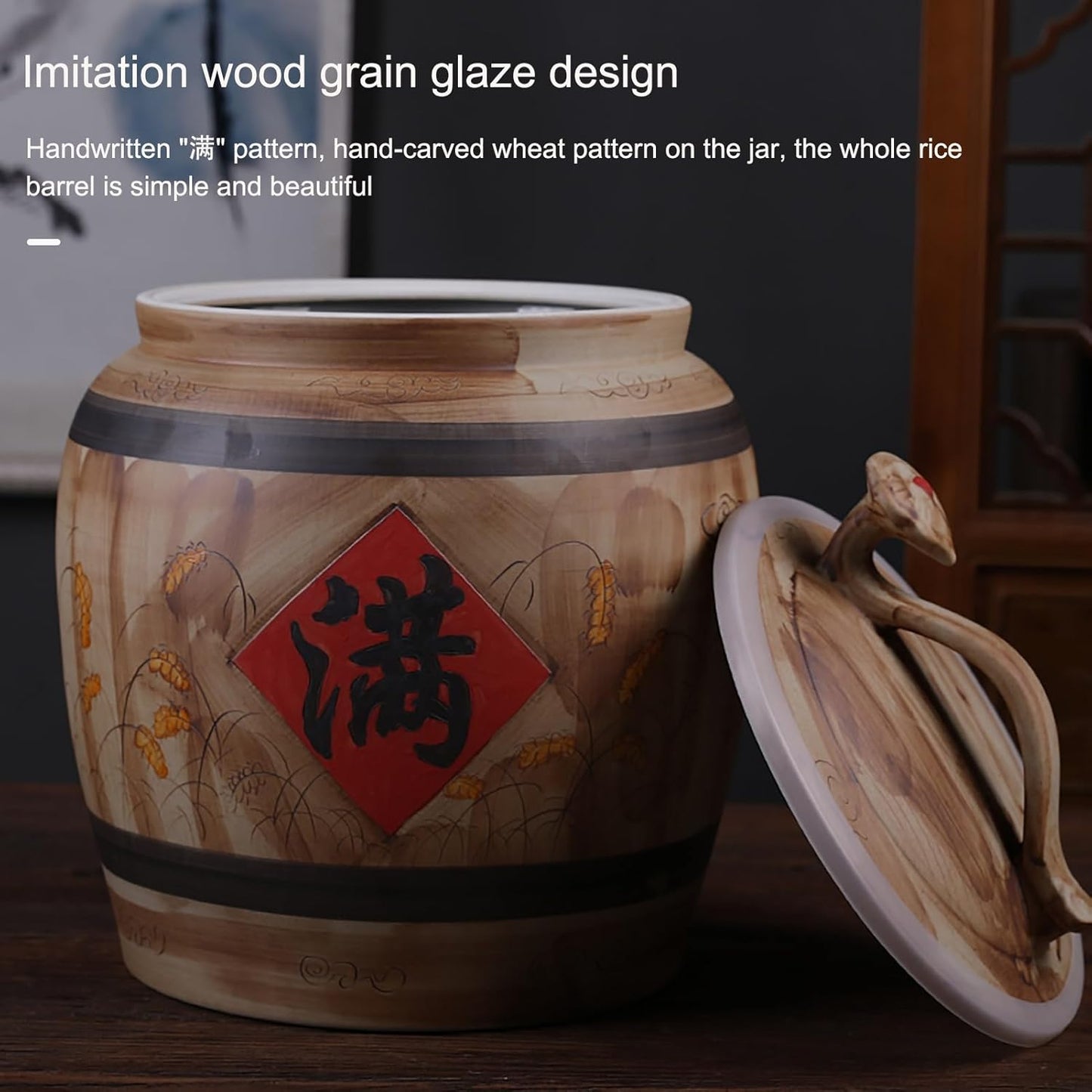 Ceramic Rice Storage Container Sealed Rice Bucket, Grain Dispenser Food Storage Jars, Chinese Jar Ceramic Decorative, for Cereal, Flour, Sugar, Coffee, Rice(47 * 37cm/18.5 * 14.5in)
