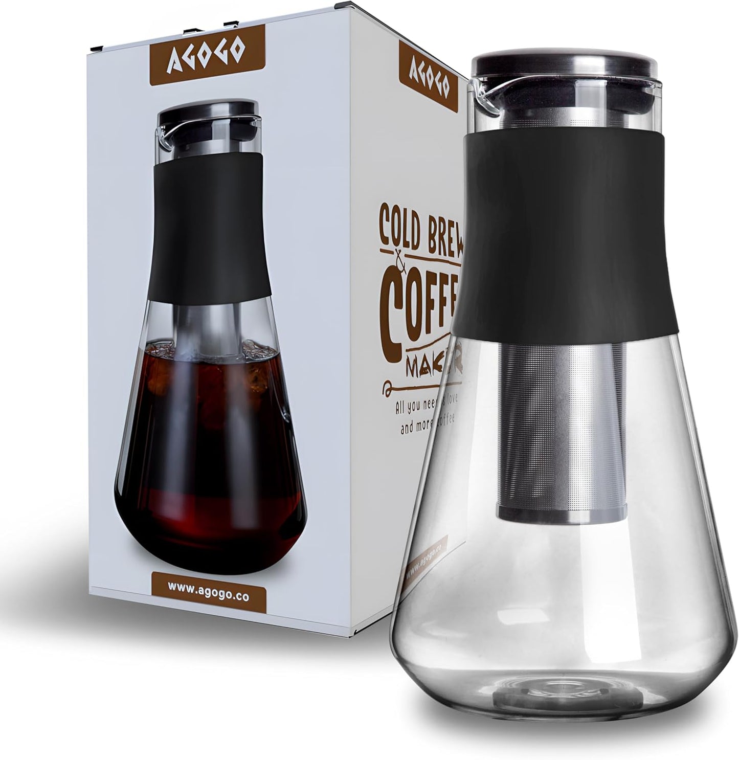 AGOGO Cold Brew Iced Coffee Makers with Metal Filters Silicone Non-slip Grip Carafe 1600ml