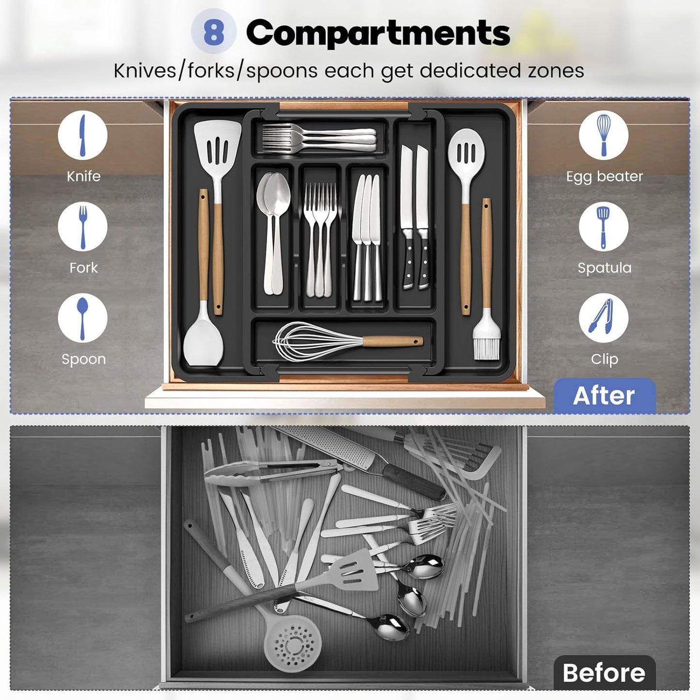 Caperci Large Silverware Organizer for Kitchen Drawer & Utensils - Expandable Drawer Organizer for Cutlery, Flatware & Gadget, BPA-Free Thick Plastic, Wider Compartments & Non-skid Feet (Black)
