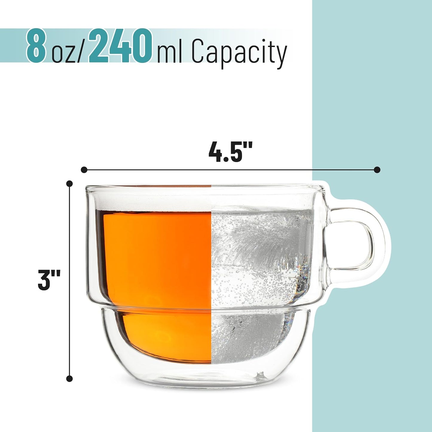 BTaT- Stackable Insulated Coffee Mugs, 4 Pack, 8 oz(240 ml), Stackable Glass Mugs, Double Wall Glass Coffee Cups, Tea Cups