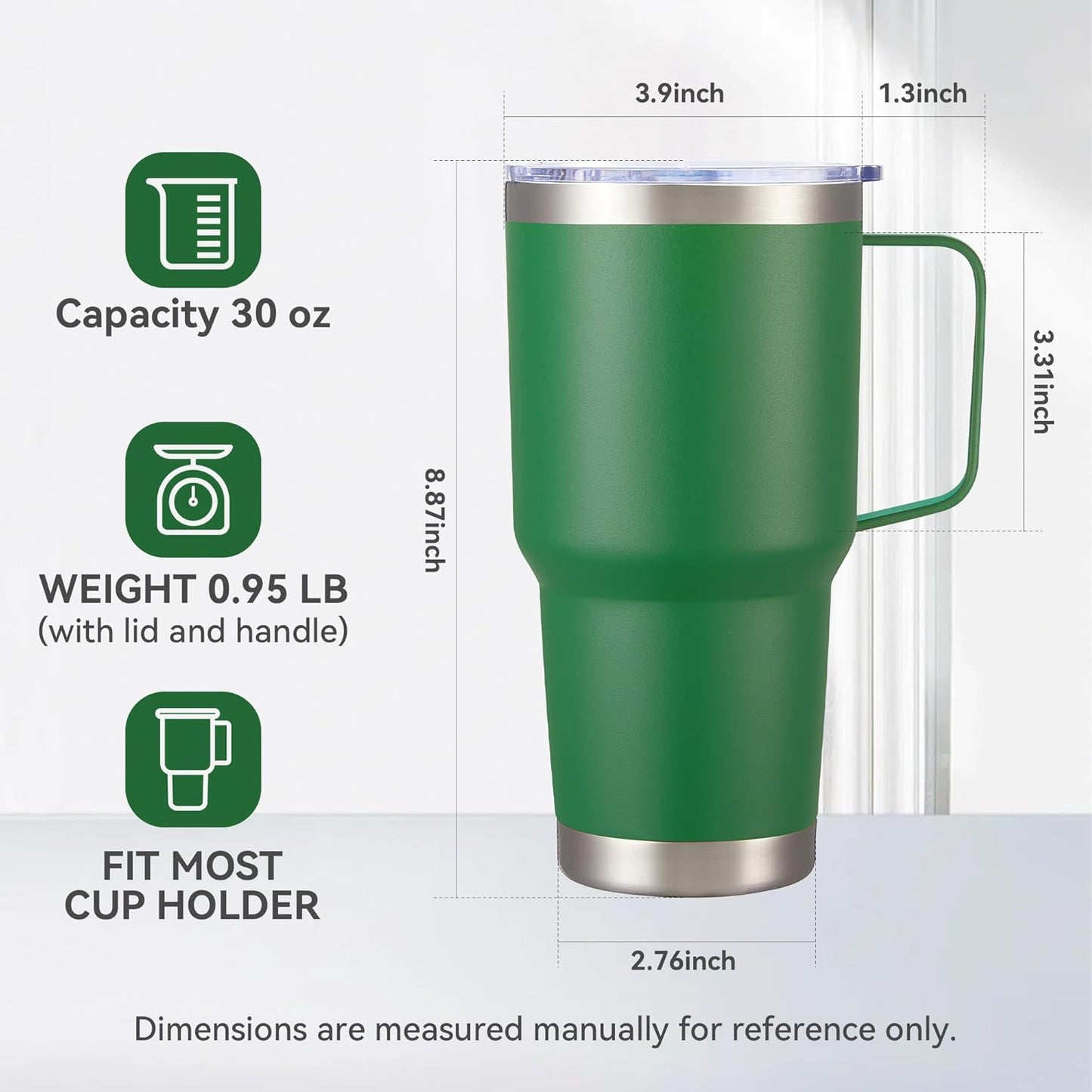 30 oz Tumbler with Handle and Lid, Stainless Steel Tumblers Bulk Double Wall Vacuum Insulated Travel Mug Leak Proof Cup Keep Drinks Cold and Hot Dark Green, 4 Pack