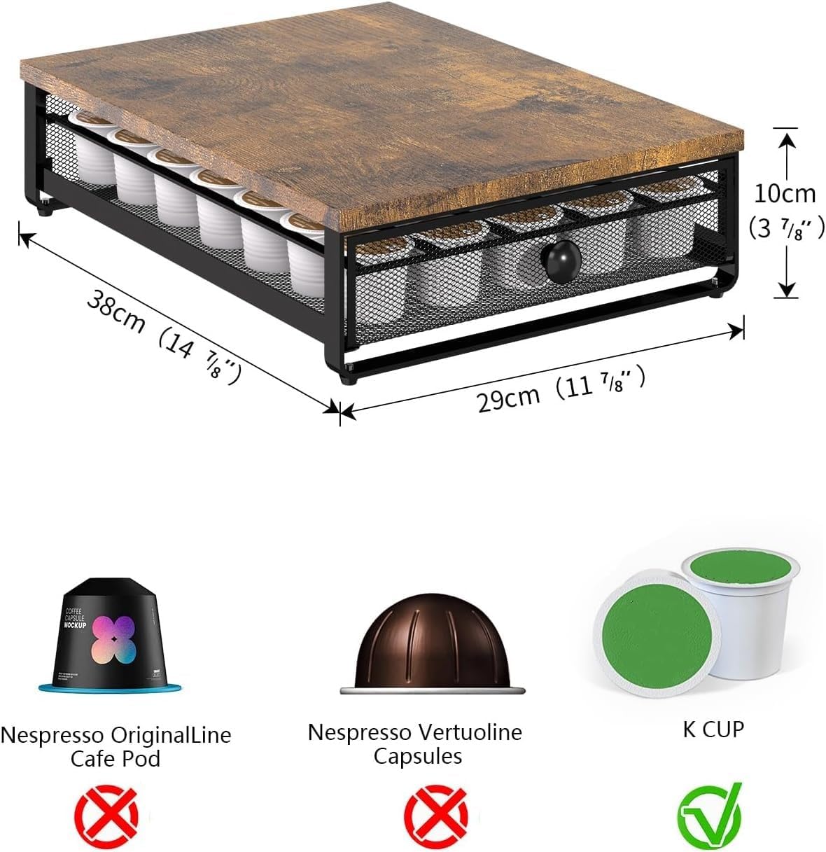 K Cup Organizer, Coffee Pod Holder Rack, Under Cabinet Pod Holder with Sliding Drawer holds up to 35 K-Cup Pods, No Assembly Needed, Rustic Brown