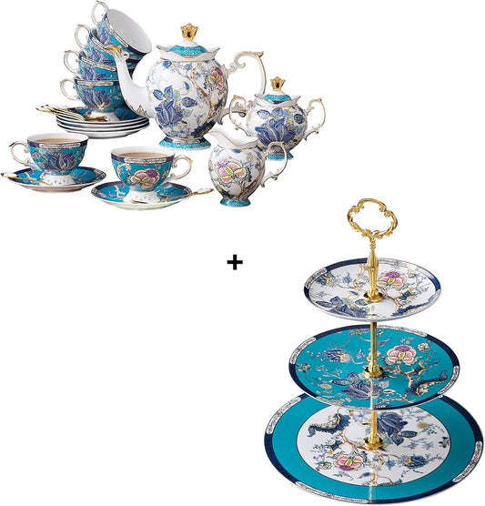 ACMLIFE Bone China Tea Sets with Cake Stand 3 Tiers for 6 Adults, 21 Piece Vintage Tea Cup Set, Blue Floral Tea Sets for Women Tea Party or Gift Giving China/English Tea Cup Set