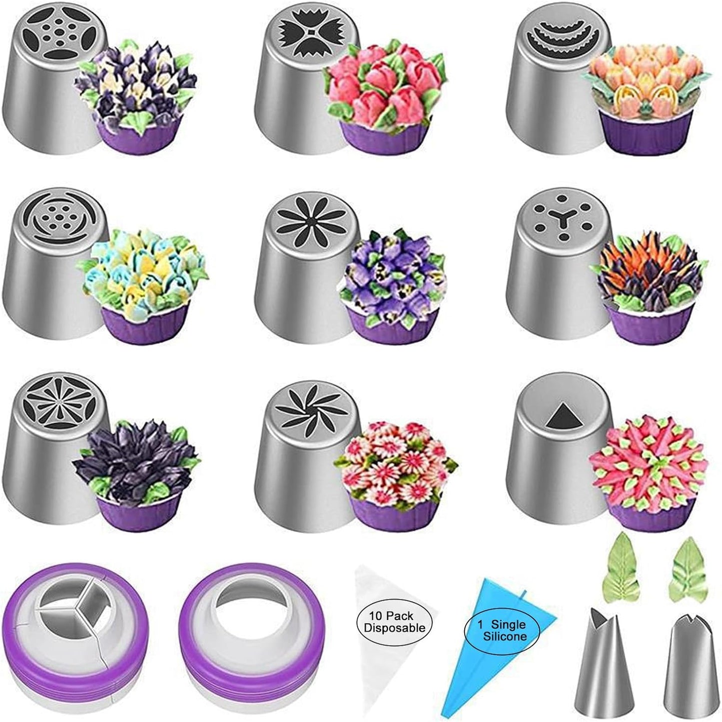 24-Piece Russian Piping Tips Set, Cake Decorating Kit with 9 Frosting Nozzles, Reusable Piping Bags, and Baking Supplies for Cupcakes, Cookies, Cakes - Ideal for Bakers & Beginners