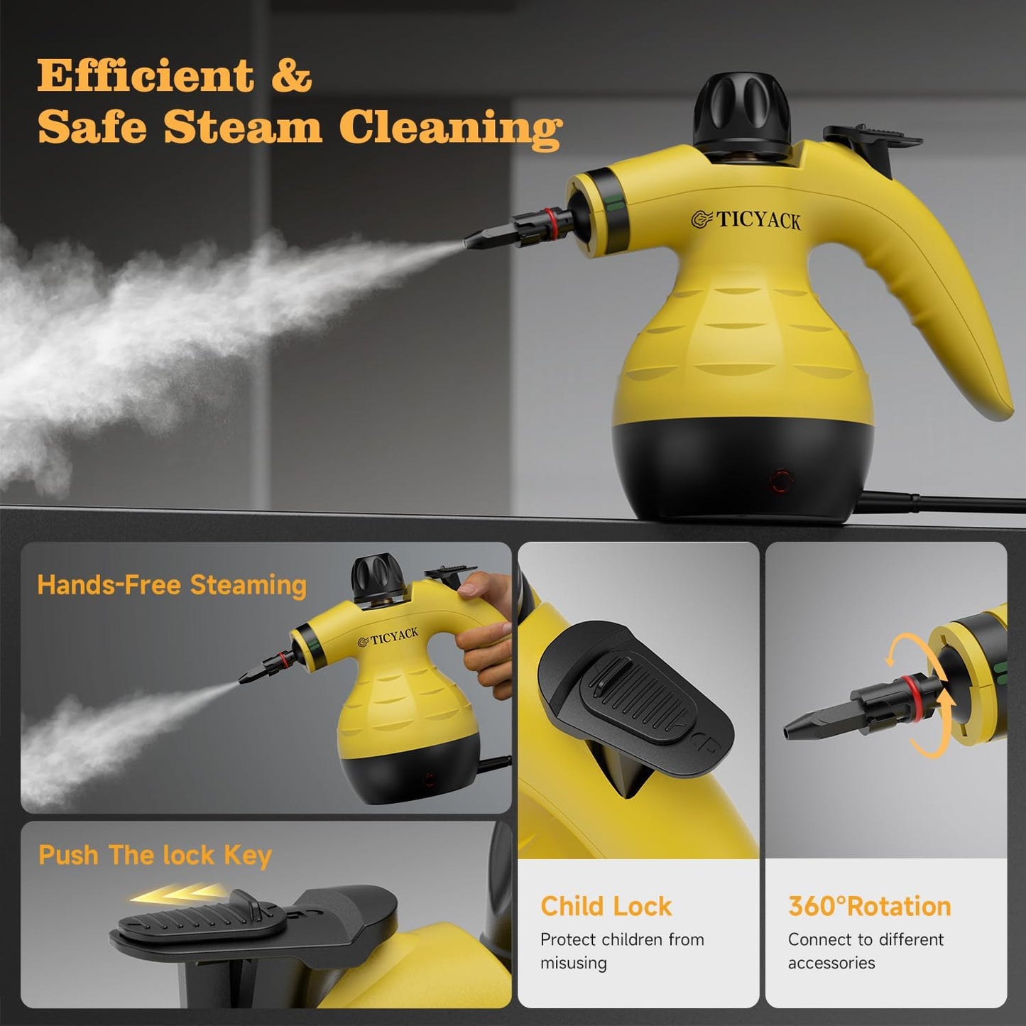 Steam Cleaner, Handheld Steam Cleaner, Steam Cleaner for Home with 16 Accessories and Automatic Steam Switch, Steamer for Cleaning Home, Living Room, Kitchen, Bathroom, Car (Yellow)