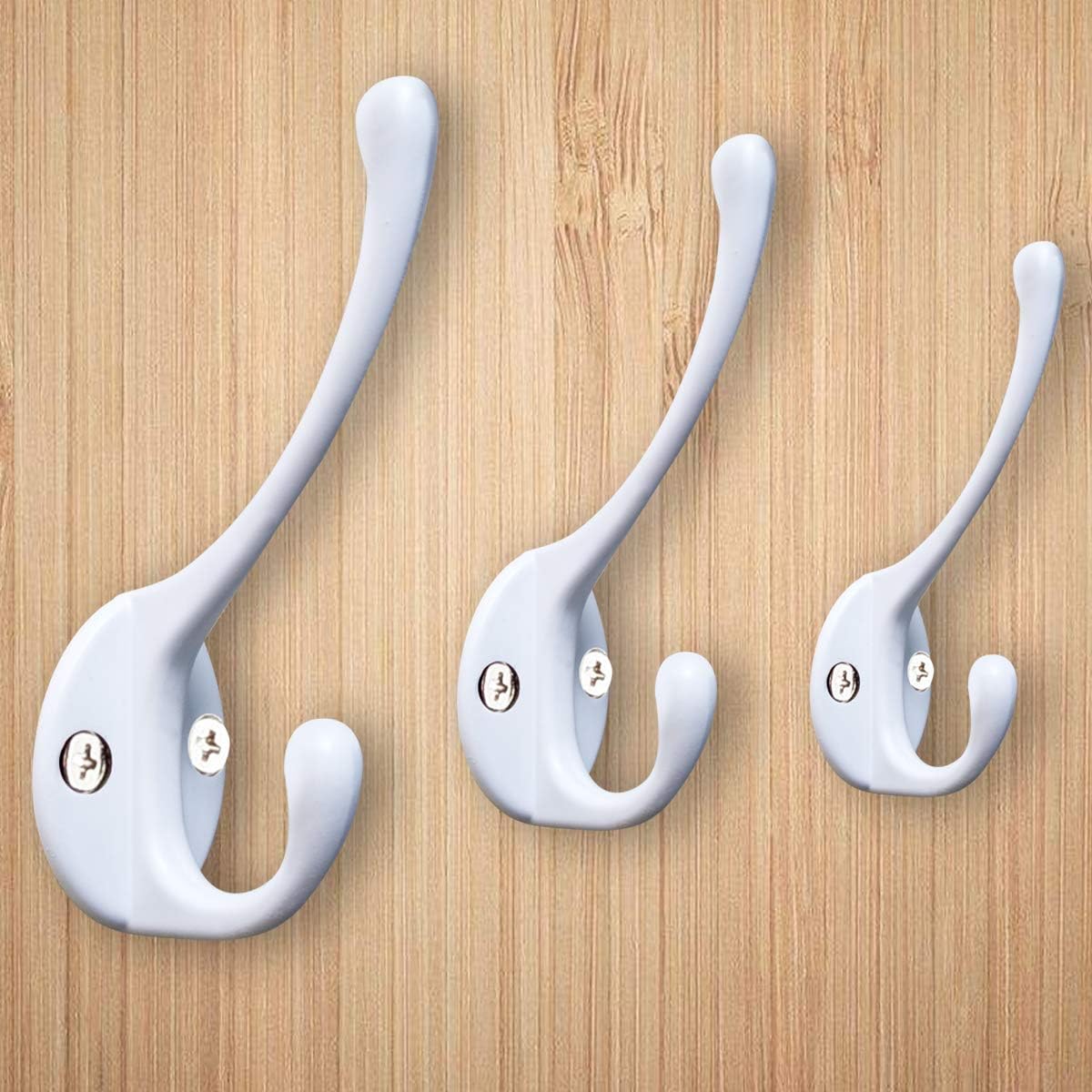 10 Pack Heavy Duty Dual Coat Hooks Wall Mounted with 20 Screws Retro Double Hooks Utility Black Hooks for Coat, Scarf, Bag, Towel, Key, Cap, Cup, Hat (White)
