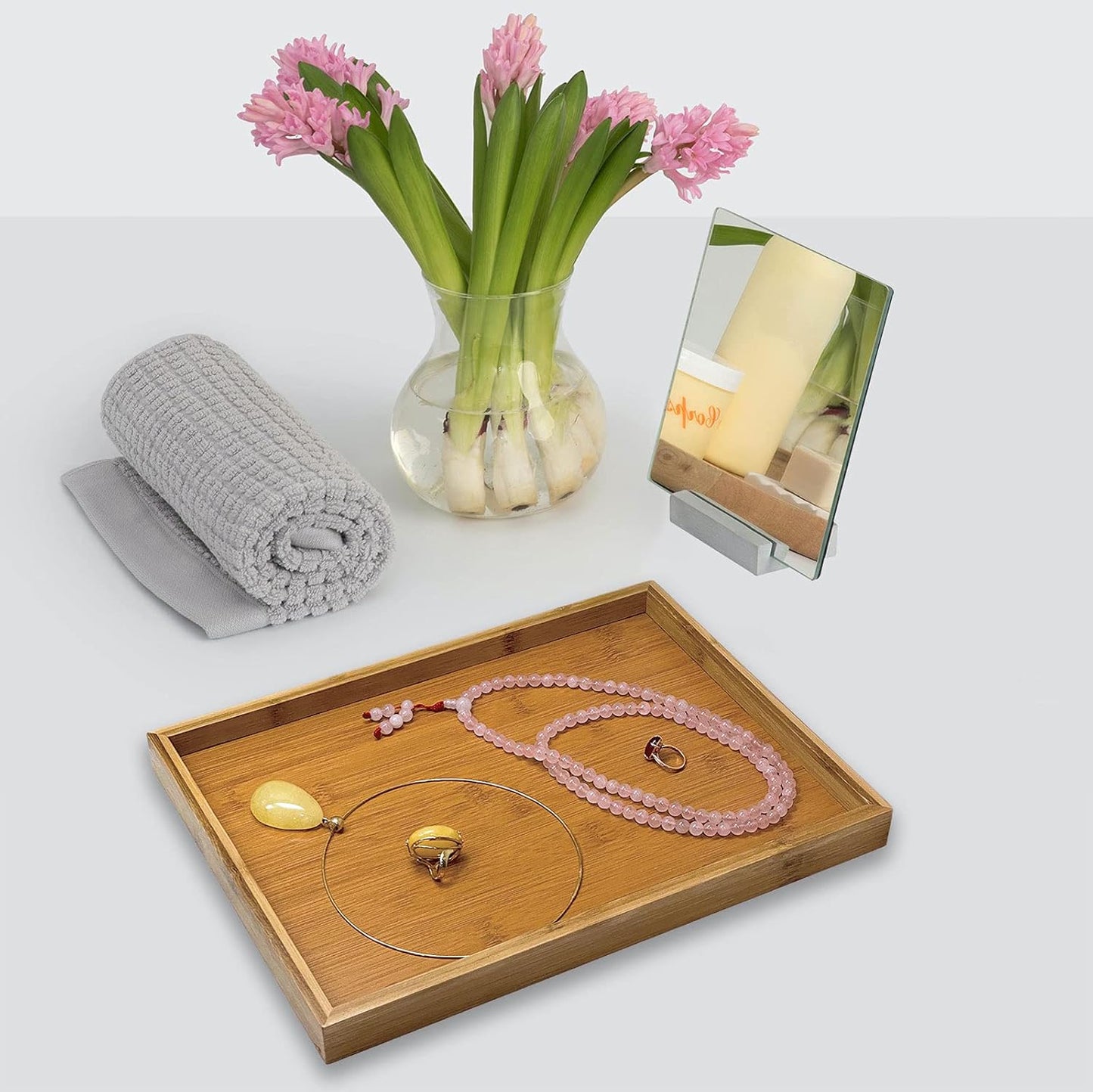 Bam & Boo - Natural Bamboo Serving Tray Modern Rectangular - for Food, Drinks, Decor, Vanity in Home, Kitchen, Bathroom, Coffee Table, Bed(X-Large, 15.75” x 11" x 1.2")