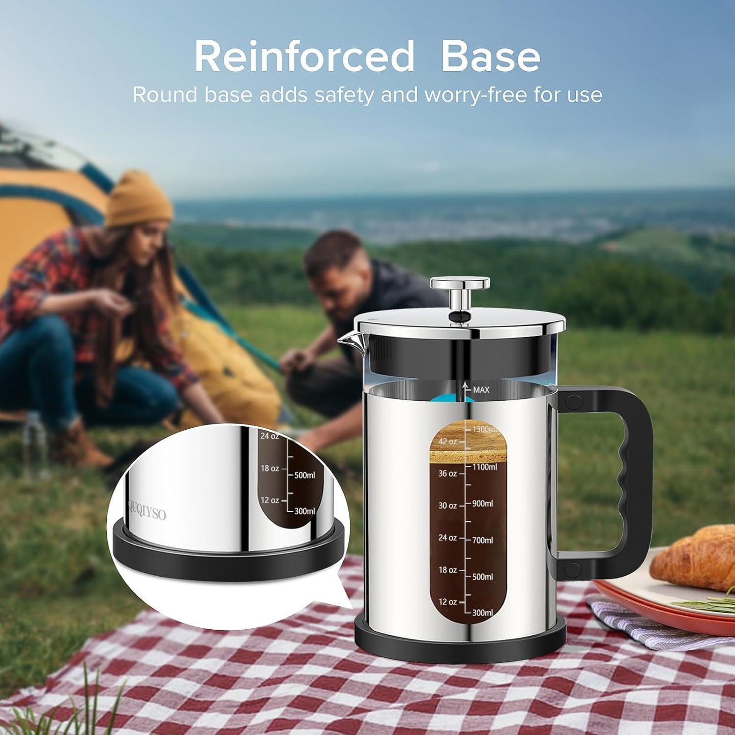 QUQIYSO French Press Coffee Maker 51oz 304 Stainless Steel French Press with 4 Filter, Borosilicate Glass Coffee Press