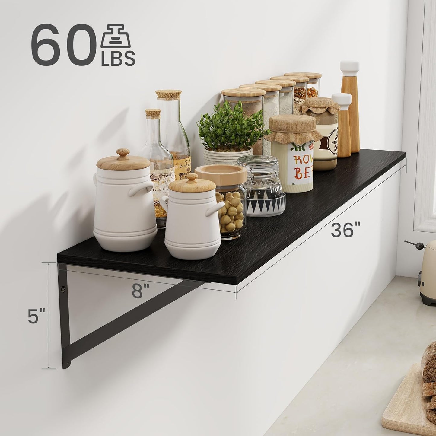 Heimlove Black Deep Floating Shelves for Wall, 36W x 8D Wood Wall Shelves Set of 2, Wide Floating Bookshelf for Living Room, Kitchen, Office, Bedroom and Decor Storage, with Metal Bracket - Black