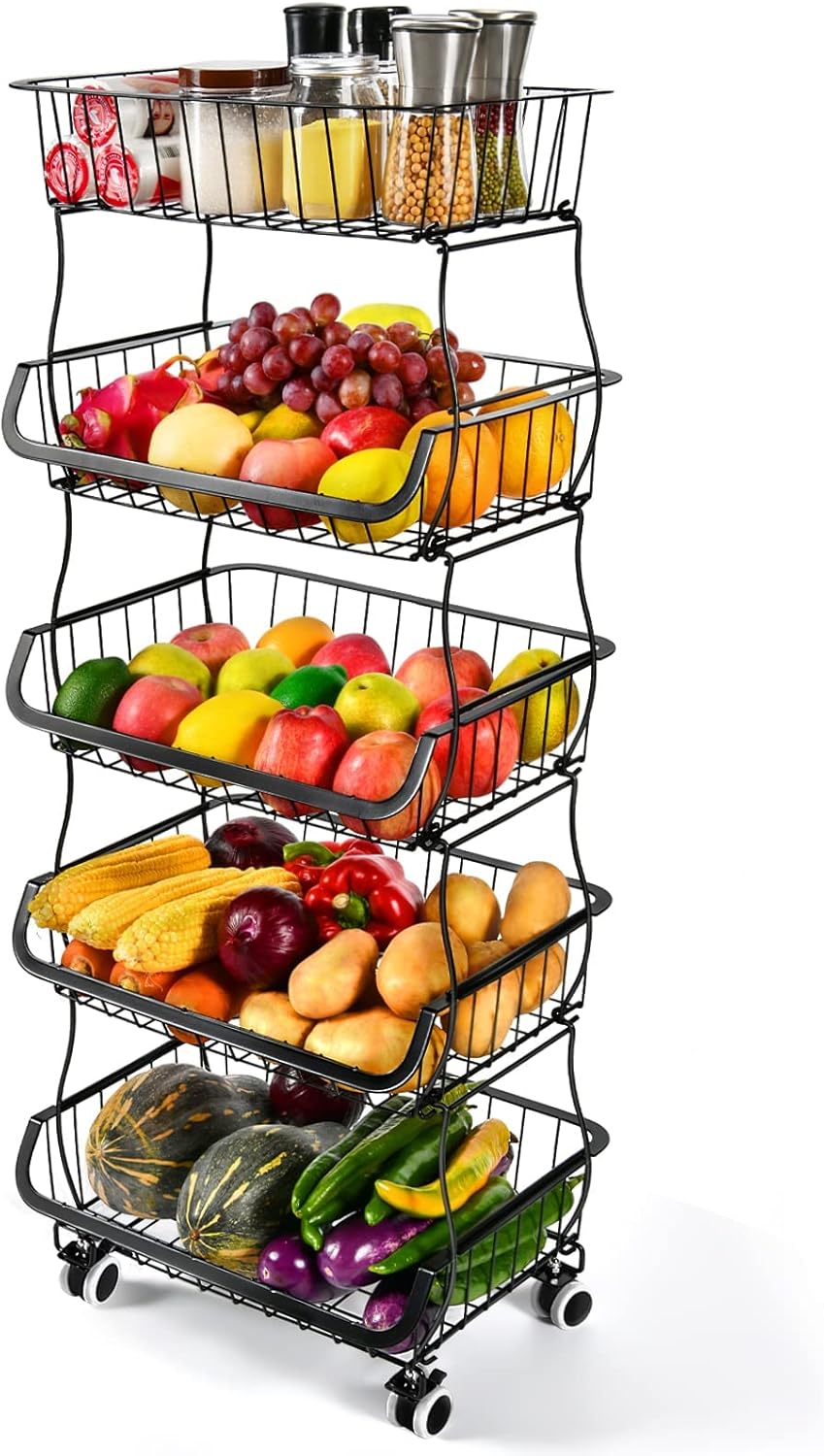 Fruit Vegetable Storage Basket, 5 Tier Stackable Metal Wire Storage Baskets with Wheels, Fruit Vegetable Produce Basket Organizer Bins for Kitchen, Pantry, Bathroom