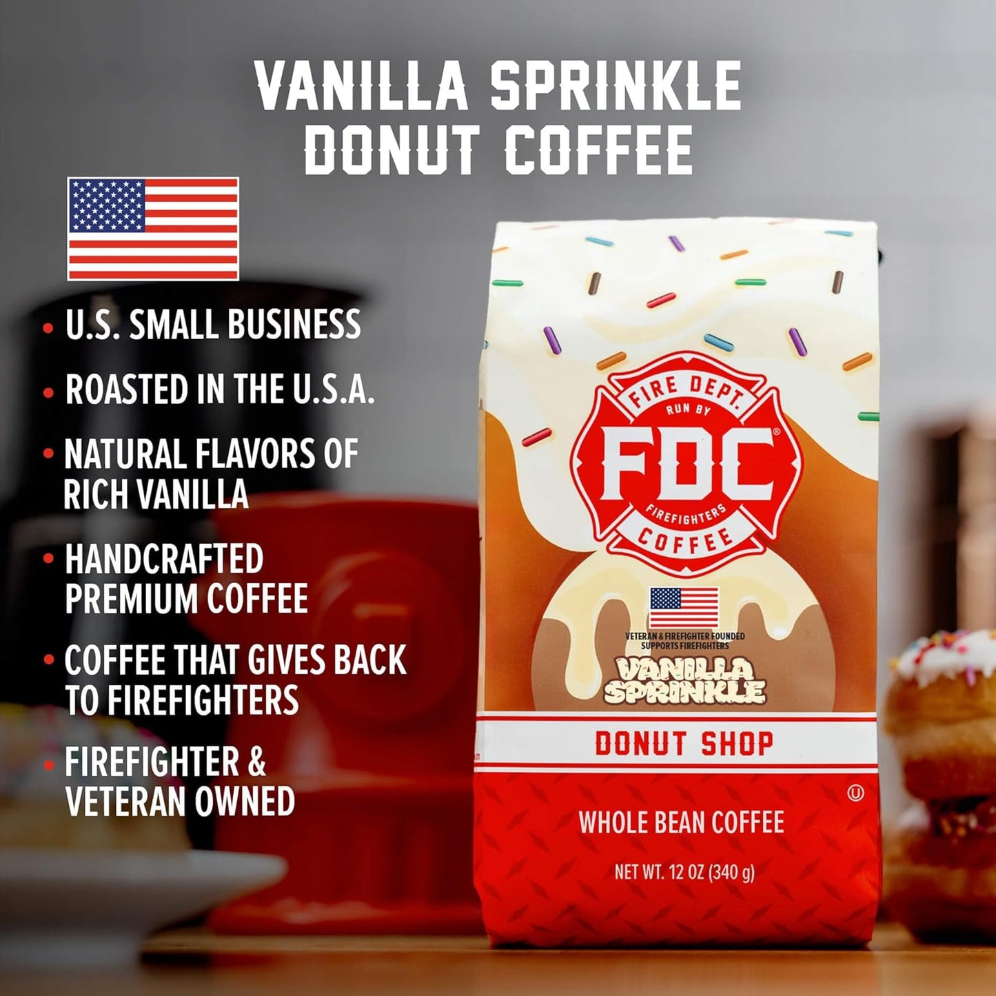 Fire Department Coffee - Gives Back to Firefighters - Vanilla Sprinkle Donut Coffee Beans - Medium Roast - Premium Whole Bean - Roasted in the USA - Veteran Owned - 12 oz