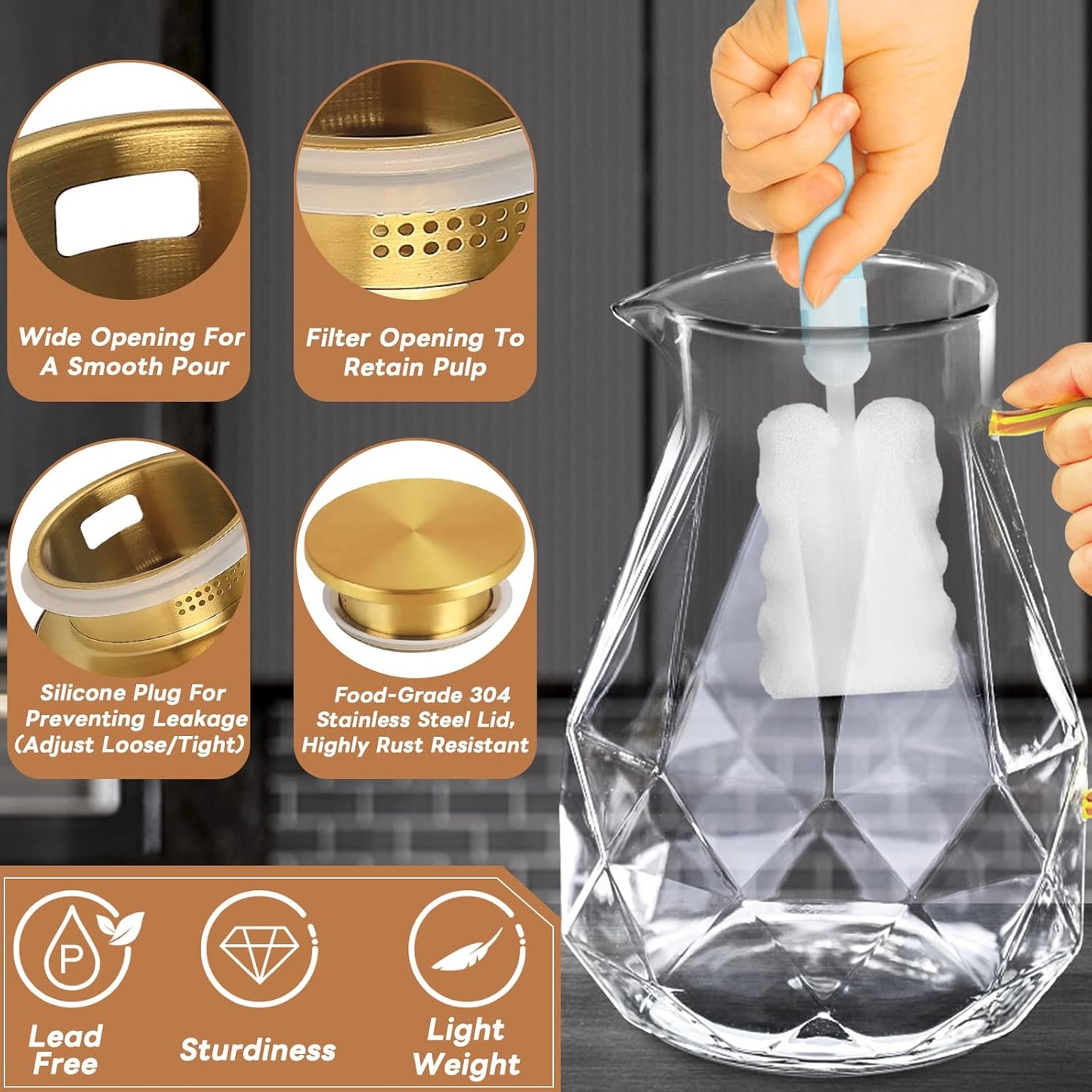 Yirilan Glass Pitcher,74oz/2.2 Liter Water Pitcher with Lid,Beverage Serveware,Iced Tea Pitcher,Water Carafe Handle,Heat Resistant Borosilicate Jug（with Mixing Spoon and Cup Brush）