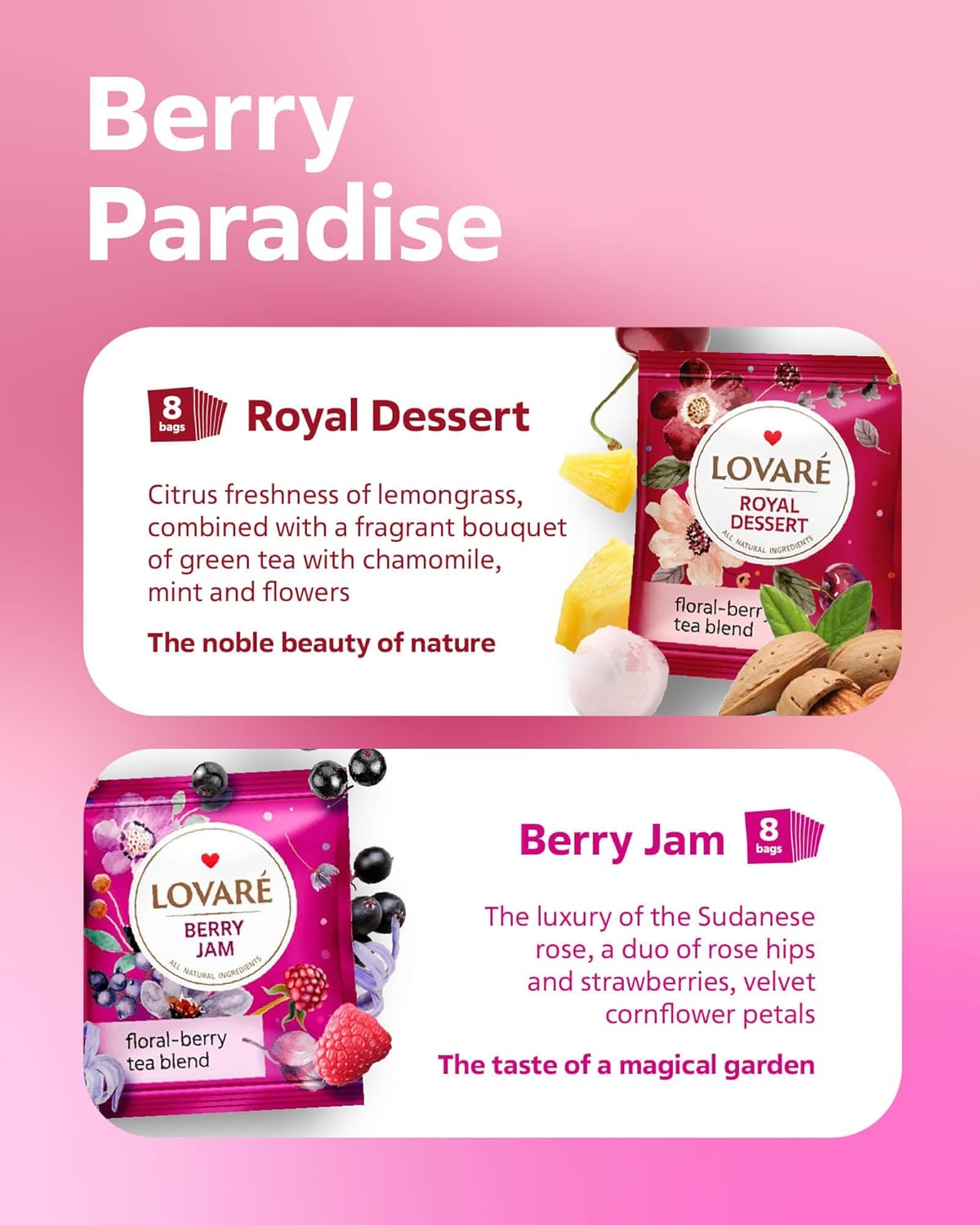 LOVARE Flower Assorted Tea Variety Pack 32 Pack, 4 Tastes - Made in Ukraine - Tea Bags Individually Wrapped - Royal Dessert, Alpine Herbs, Berry Jam, Rooibos Raspberry Assorted Tea Bags