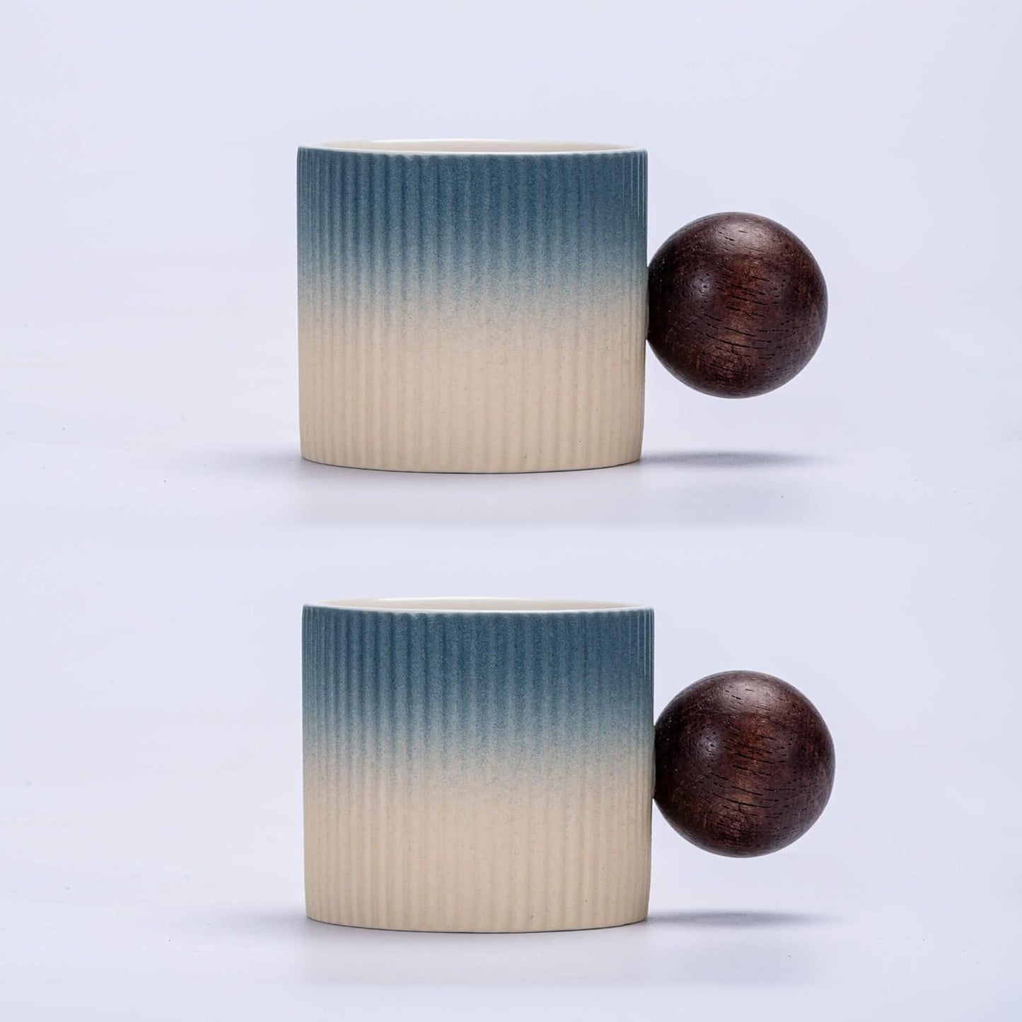 Ceramic Mini Espresso Cups Demitasse Cups with Round Wooden Handle Vertical Stripes Tea Cups (Beige&Blue, 2pcs)