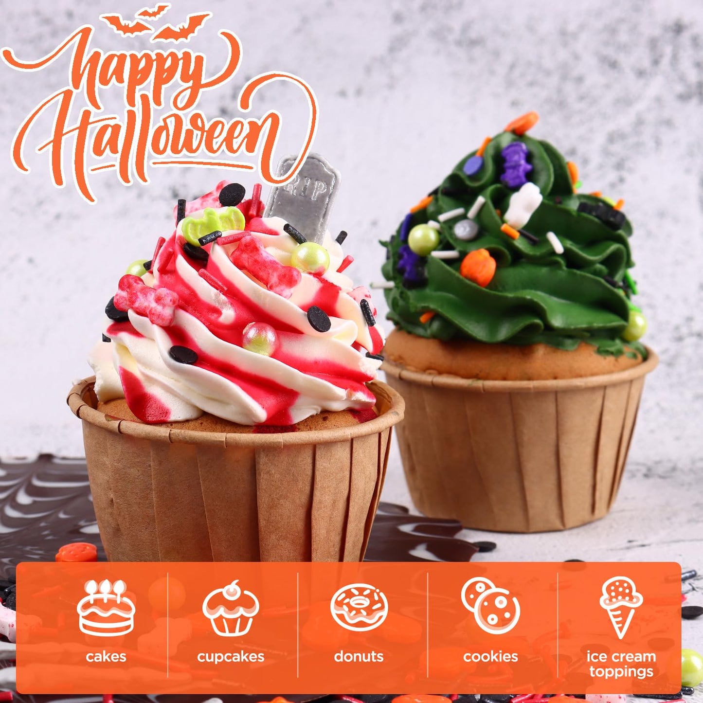 Edible Halloween Sprinkles, Tombstone Cupcake Toppers, Halloween Cake Decorations, Bloody Candy Bones, Pumpkin Cupcake Toppers, Ice Cream, Cookies, Macaron, Chocolate, Cakecicles(120g/4.2oz)