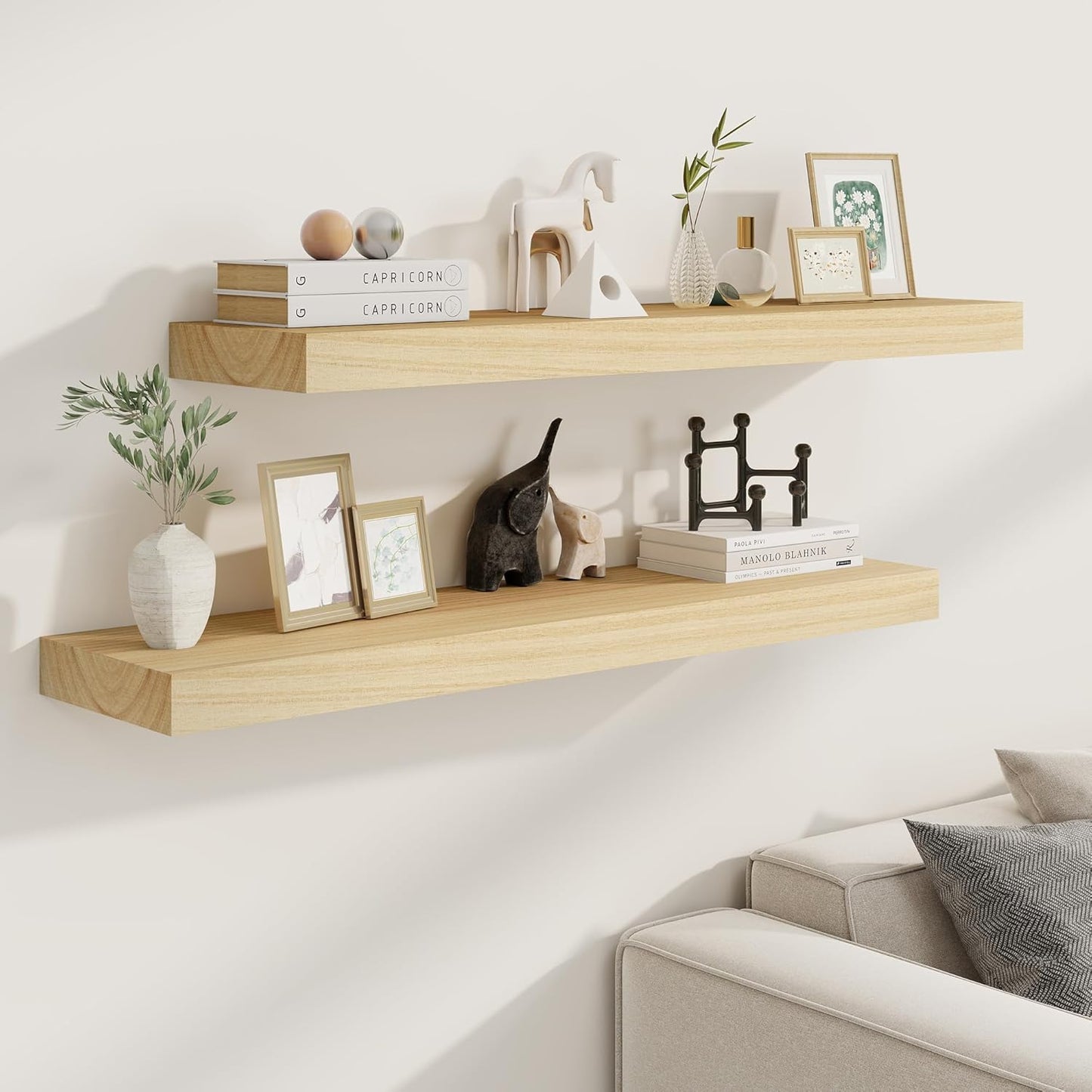 Fun Memories Deep Floating Shelves, Solid Wood Floating Shelves Wall Mounted, 9.3" Deep Wall Shelf for Living Room, Bedroom, 36 x 9 Large Floating Shelf for Books, Burlywood, Set of 2