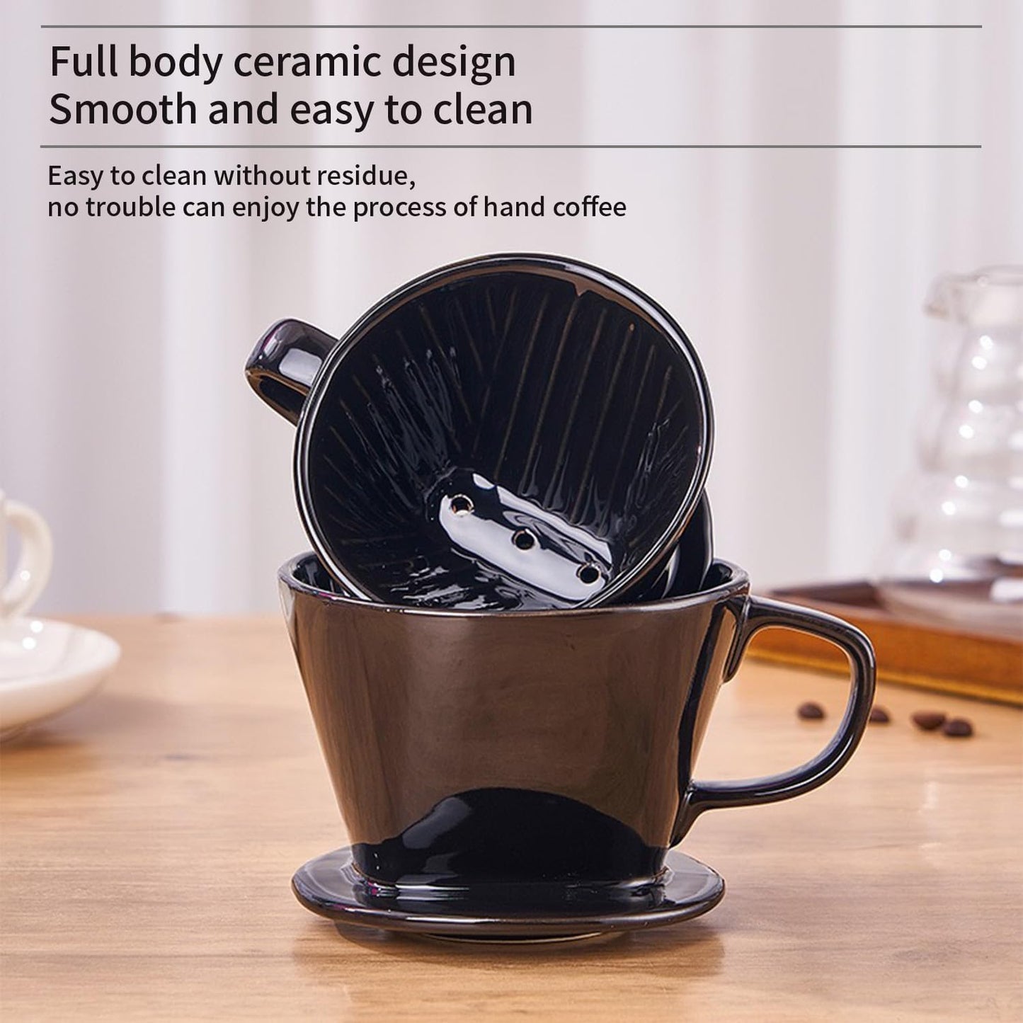 Pour Over Coffee Maker, Single Cup Coffee Dripper, Manual Porcelain Slow Brewing Accessories for Travel, Camping, Office, Home, Cafe, Coffee Gifts (Black, Medium)