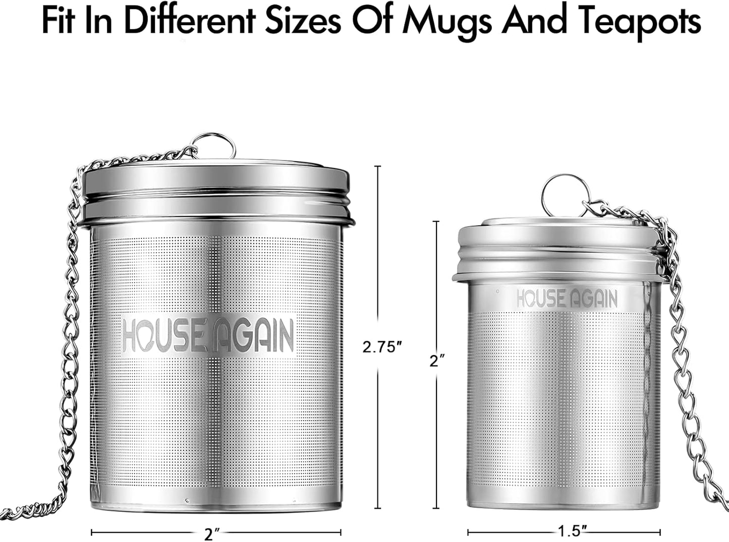 House Again Tea Infuser (2 Pack, Large + Small), Extra Fine Mesh Tea Strainers for Loose Tea, 18/8 Stainless Steel Tea Strainer with Extended Chain Hook, Tea Steeper