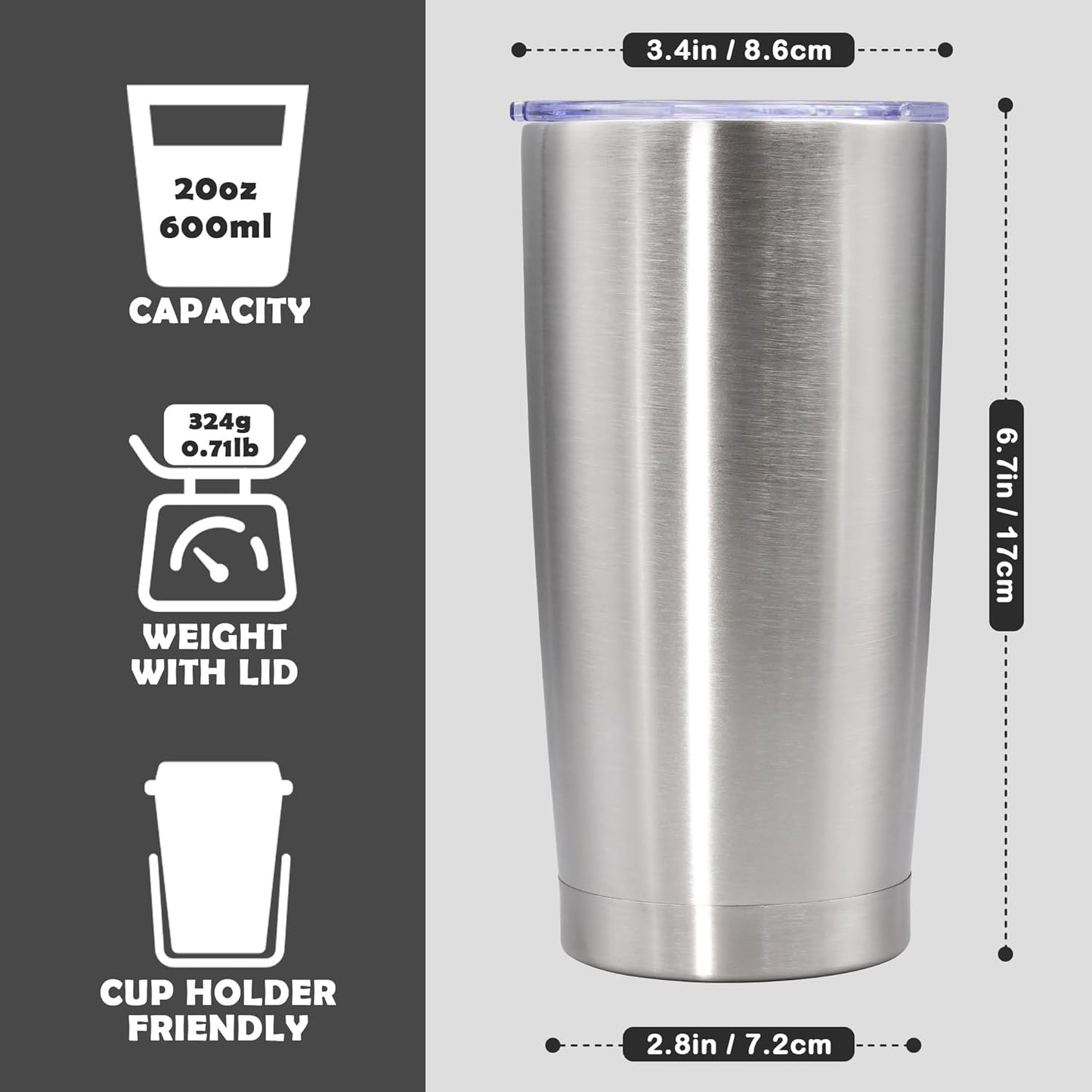 20oz Tumbler Bulk Stainless Steel Tumbler Cup with Lid Vacuum Insulated Double Wall Travel Mug, Durable Powder Coated Travel Coffee Tumbler Mug for Hot & Cold Drinks, Stainless Steel,12 Pack