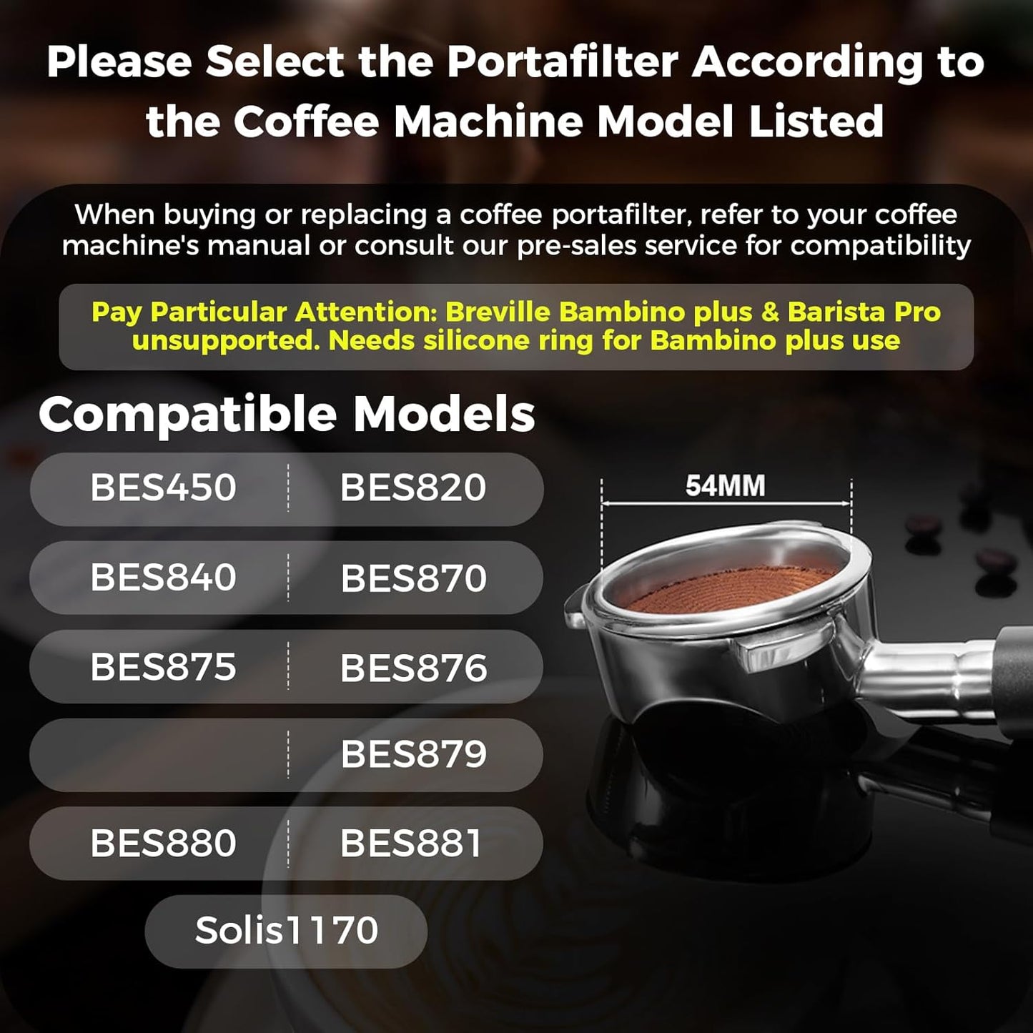 IKAPE Coffee Products, 54mm Bottomless Naked Portafilter Compatible with 54mm Breville Barista Series BES870/880 Machine & Solis Barista Machines (Included 16g Capacity Filter Basket)