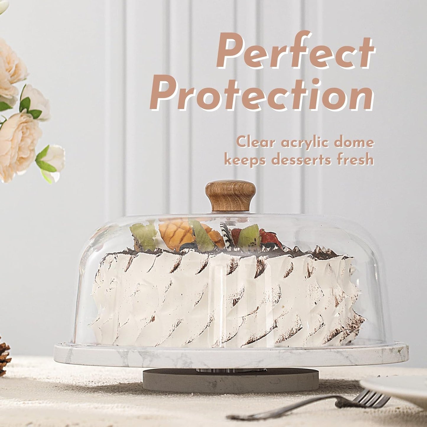 Marble Cake Stand with Acrylic Dome Lid, Cake Holder 360° Rotating, Cake Plate Board for Party, Wedding, Cake Display Stand with Dome Cover,Charcuterie Boards for Cheese, Chips, Fruit