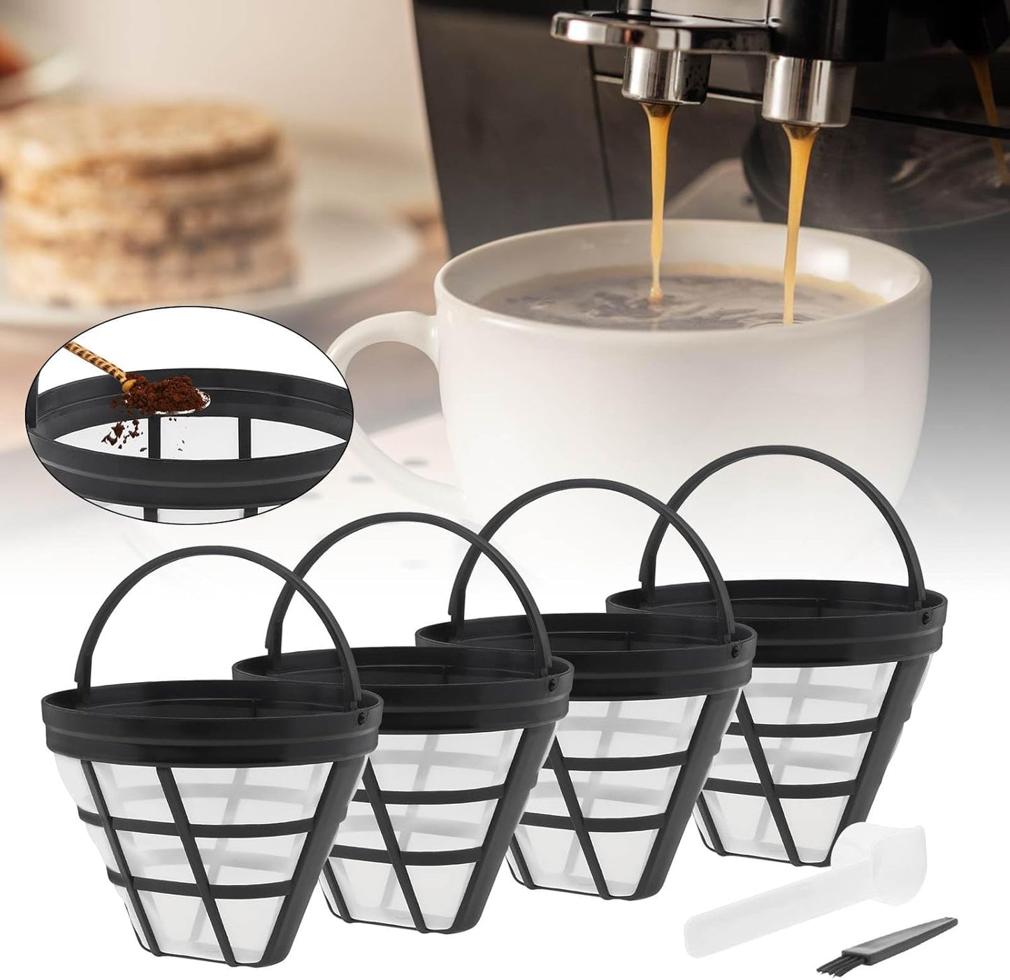 Reusable Coffee Filter Baskets, 4Pcs Cone Coffee Maker Filters #4 Replacement Coffee Filters 8-12 Cup with Spoon and Brush, Compatible with Ninja CFP301 CFP201 Coffee Machine Accessories