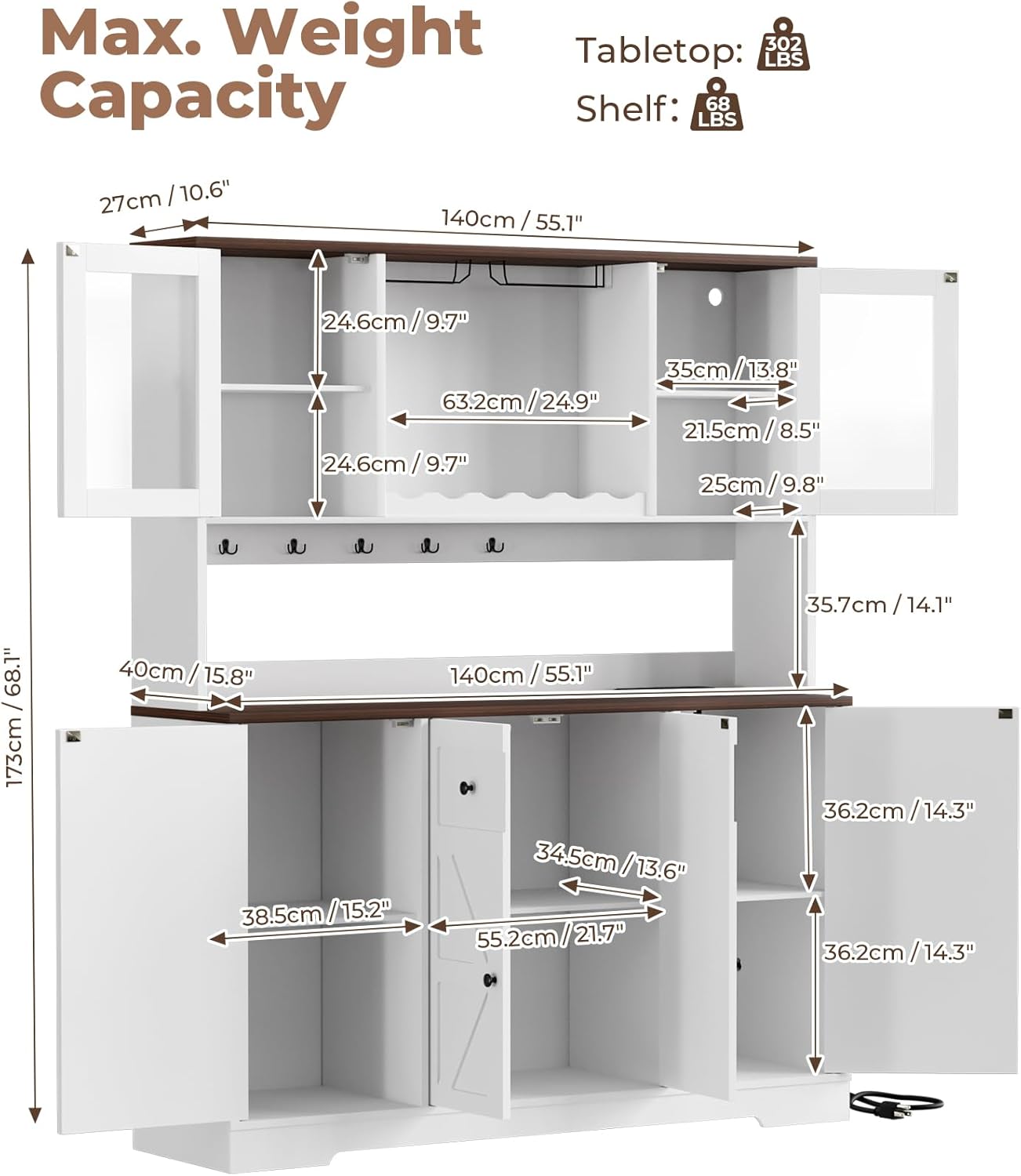 68" Tall Kitchen Pantry Storage Cabinet with Charging Station, 55" Wide Kitchen Hutch Cabinet with Large Countertop, Farmhouse Buffet Cabinet with Wine Holder & Wine Rack for Dining Room, White