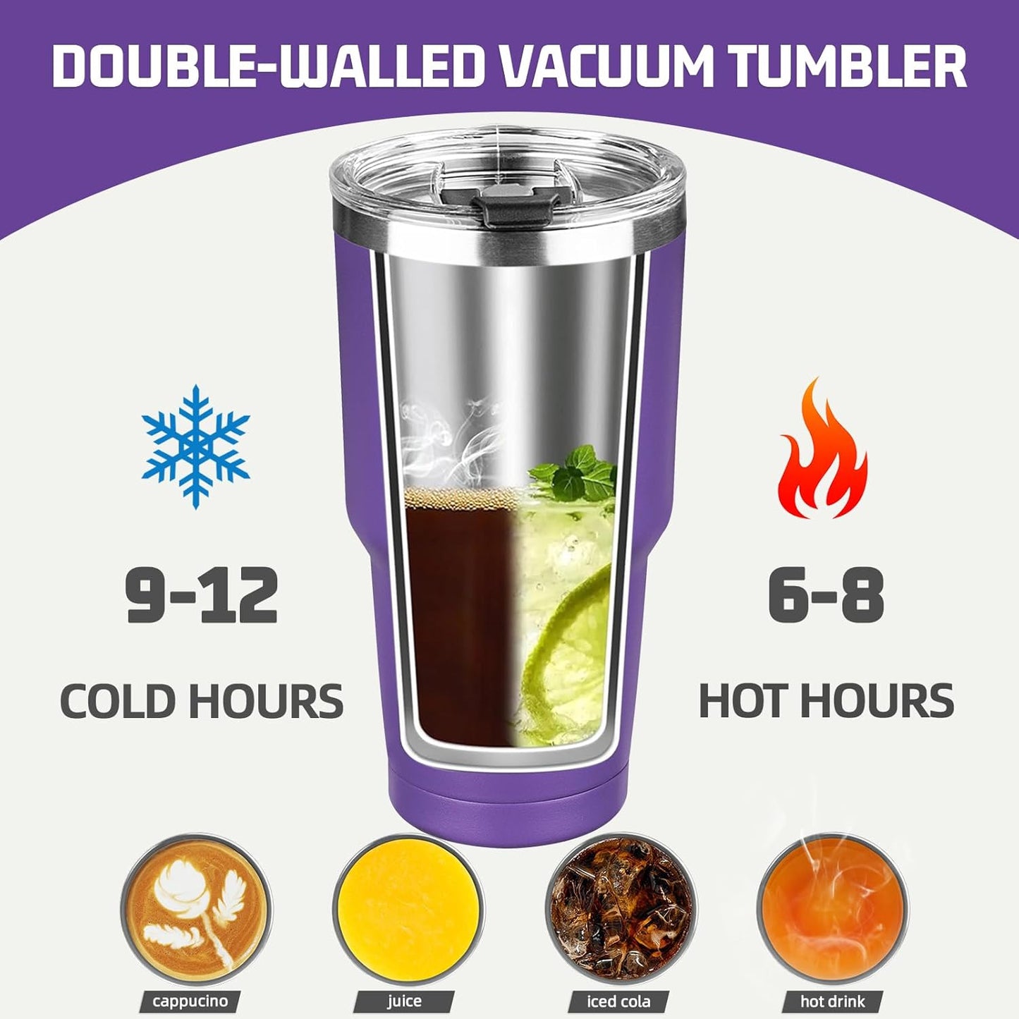 30 oz Tumbler with Lids and Straws, Stainless Steel Insulated Coffee Tumbler, Double Wall Vacuum Insulated Travel Mug Cup, Leakproof Thermal Coffee Cup for Hot and Cold Drinks (Purple)