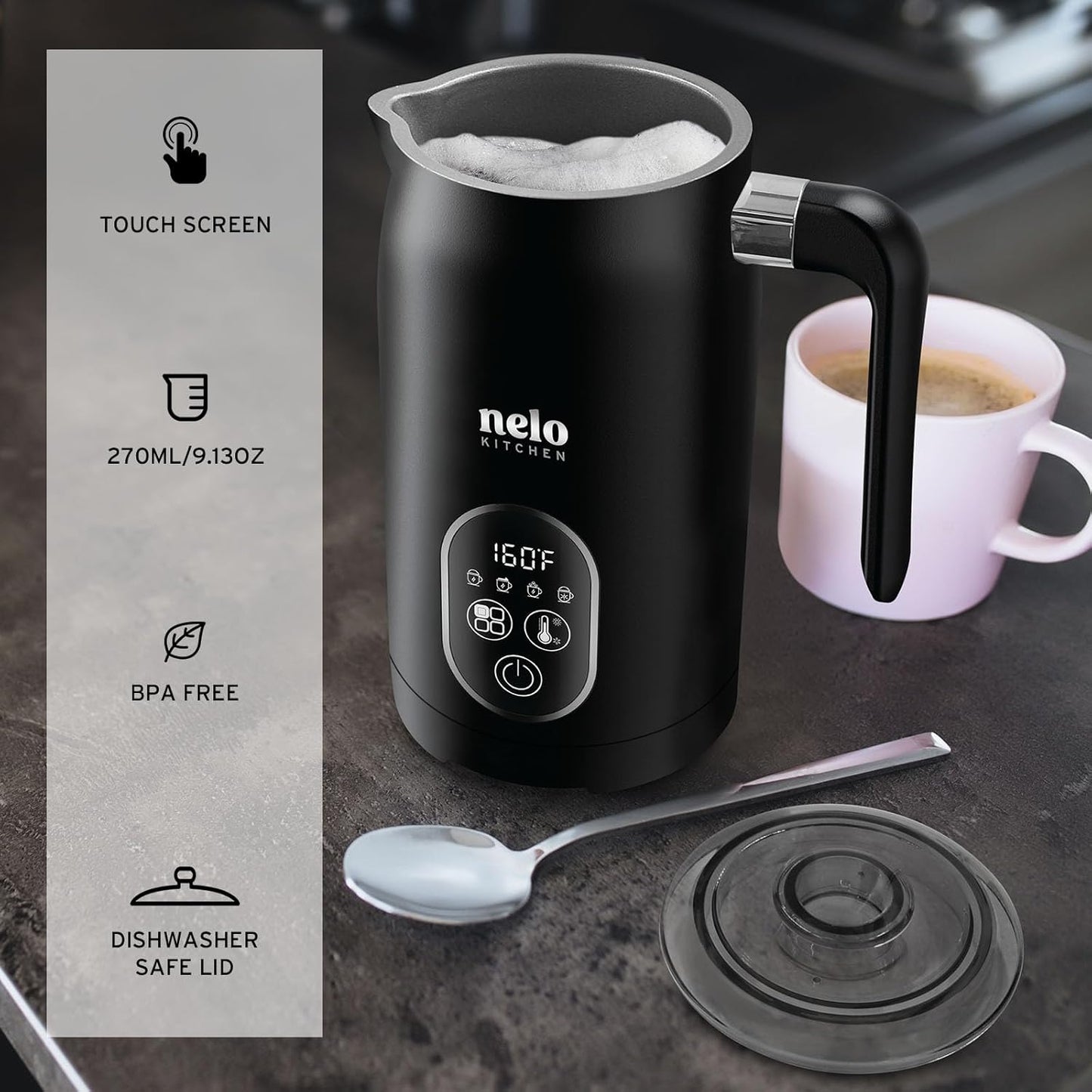 NELO Electric Milk Frother, 4 In 1 Digital Milk Frother and Steamer with Real-Time Temperature Control, Automatic Frother for Coffee, Latte, Hot Chocolate, Cappuccinos, BPA Free Stainless Steel, Black