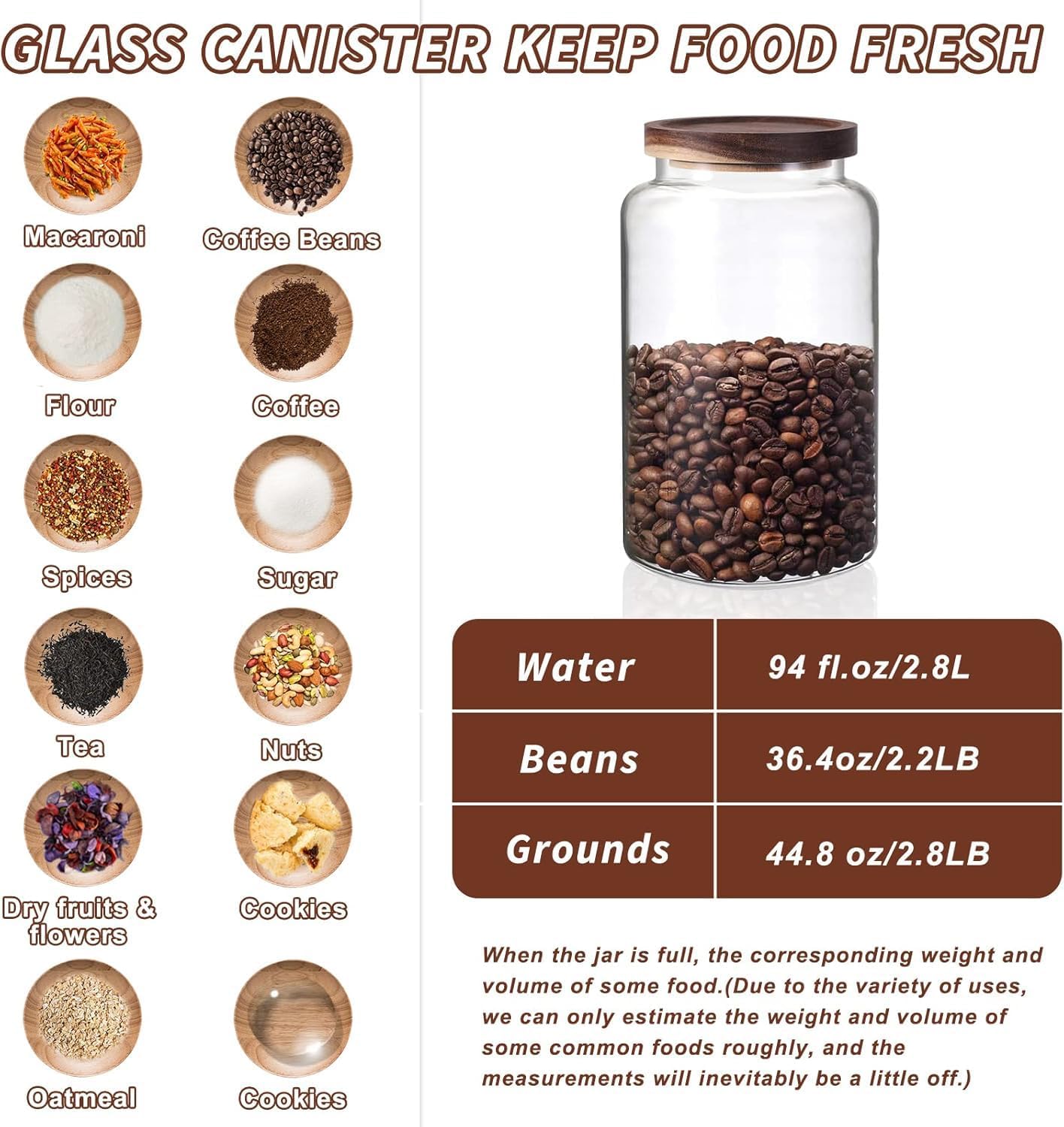 Vacuum Coffee Canister Glass Food Storage Jars With Airtight Lids Borosilicate Glass Coffee Canister Container for Coffee Beans & Grounds Tea Sugar Spices Kitchen (94oz(2800ml)-B-2pack)