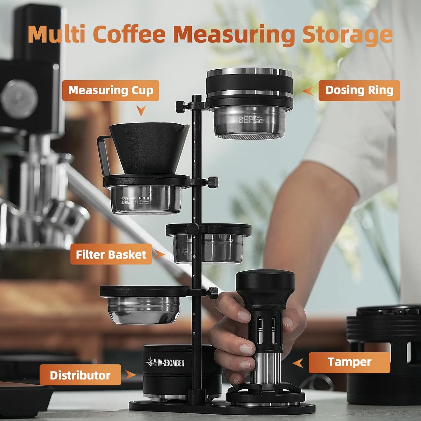 MHW-3BOMBER Multi-use Magnetic Espresso Storage Stand, Coffee Storage rack for Tamper/Distributor/Filter Basket/Cup, 51-58mm Espresso Portafilter Basket Storage holder for Coffee Accessories,SR6107-OS