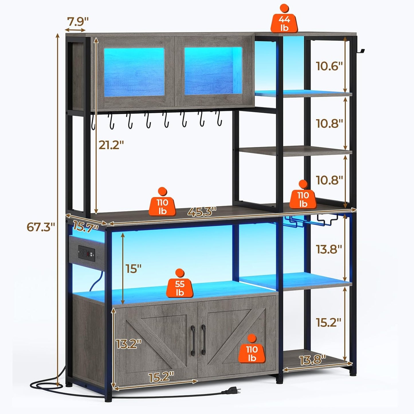 Itaar Bakers Rack with Power Outlet and LED Light, 45.3 Inch Farmhouse Coffee Bar Cabinet, Kitchen Microwave Stand with Storage, Glass Cabinet, Goblet Holder and 8 Hooks (Grey)