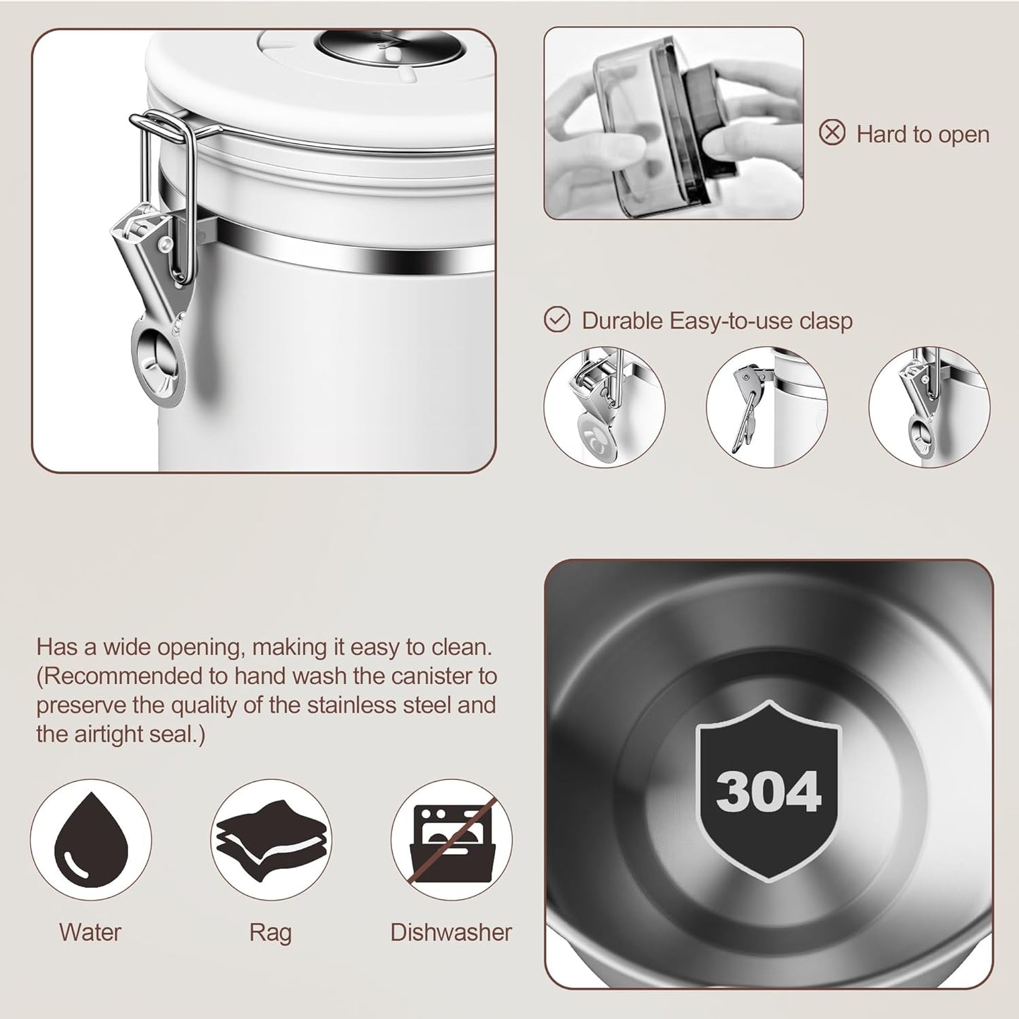 ShanSon Coffee Canister Airtight Stainless Steel Container,Home Kitchen Food Storage Organizers for Beans,Tea,Sugar,cookie,Flour,Cereal,16OZ+22OZ,White