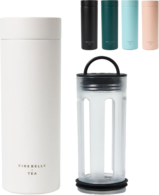 Firebelly Tea, Travel Tea Infuser Mug with Strainer, Insulated Tumbler for Loose Leaf Tea or Coffee, Leakproof Bottle for Hot or Iced Drinks, Stainless Steel Thermos with Lid, Blanc