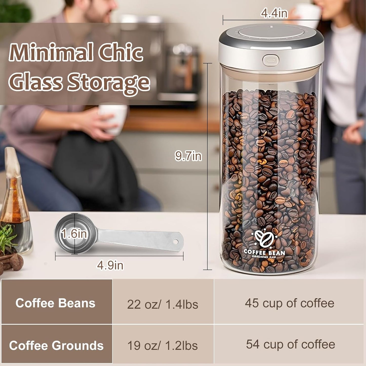 22oz Airtight Coffee Canister With Scoop, Glass Coffee Container Airtight,High Borosilicate Jar With Co2 One-Way Valve, Date Tracker (57fl.oz)