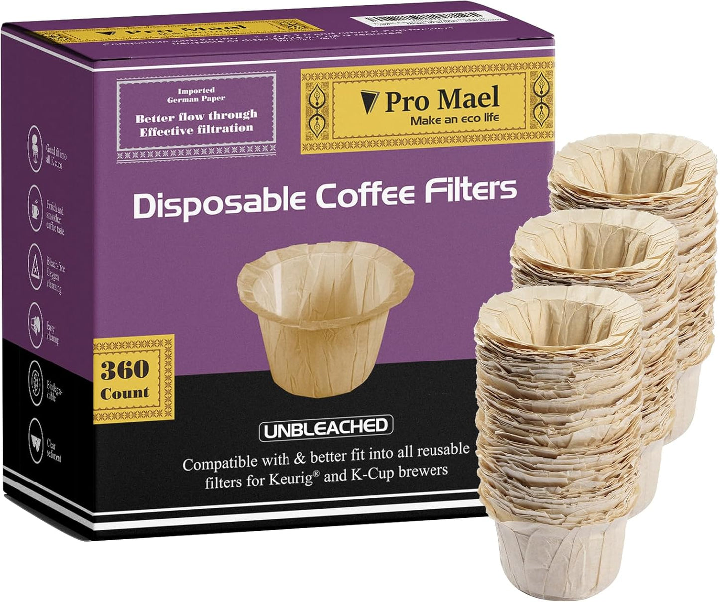 Pro Mael 360 Count Disposable K Cup Filters, Coffee Filter Paper for Keurig Brewers Single Serve 1.0 and 2.0, Use with Reusable K Cup Pods (Natural Unbleached)