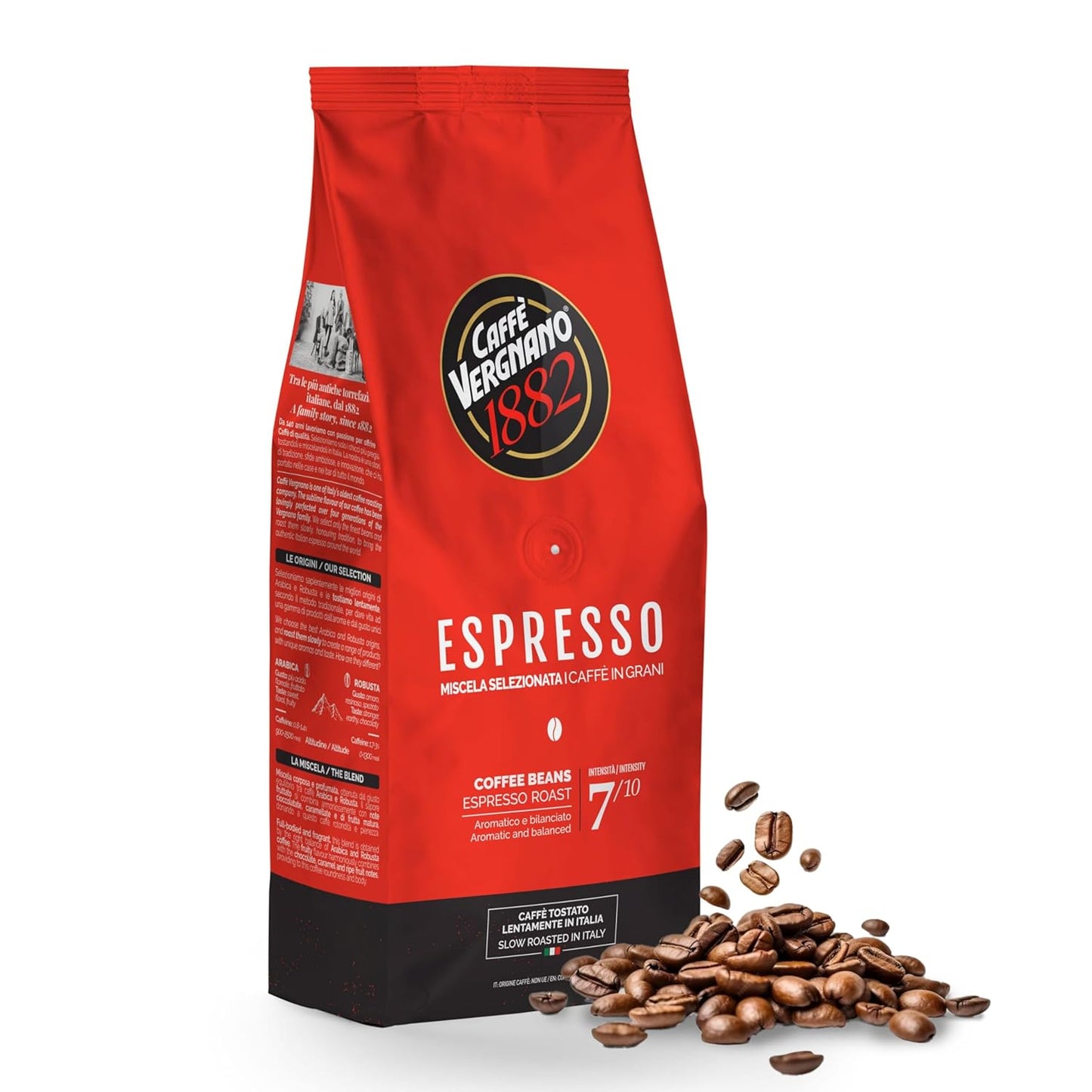 Caffe Vergnano 1882 Espresso Whole Bean Arabica Roast Coffee, 1.1 lb bag - Italian Medium Roast Coffee Beans with notes of Chocolate, Nuts & Caramel, Intensity 7/10-500g Bag