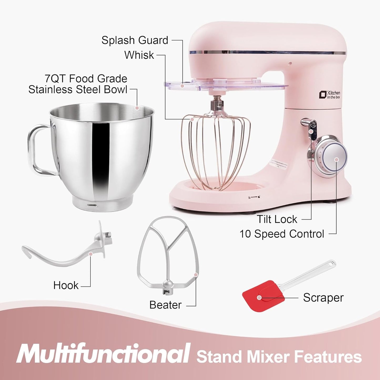 Kitchen in the box 7QT 900W 10-Speed Stand Mixer, Tilt-Head Kitchen Electric Mixer with Dough Hook, Whisk & Flat Beater(Rose pink)