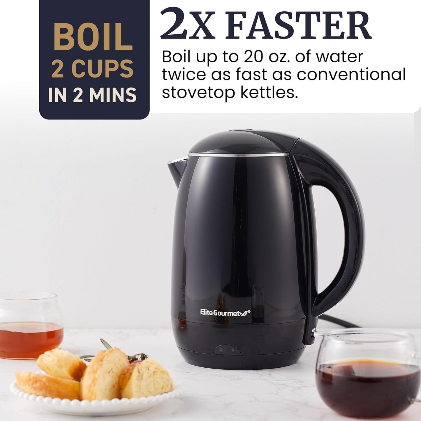 Elite Gourmet EKT1821 1.8L Double Wall Insulated, Cool-Touch 1500W Kettle w/Stainless Steel Interior & Lid, 360° Swivel Base for Cord Free Serving, Power On Lever, Auto Shut-Off, Boil Dry, Black