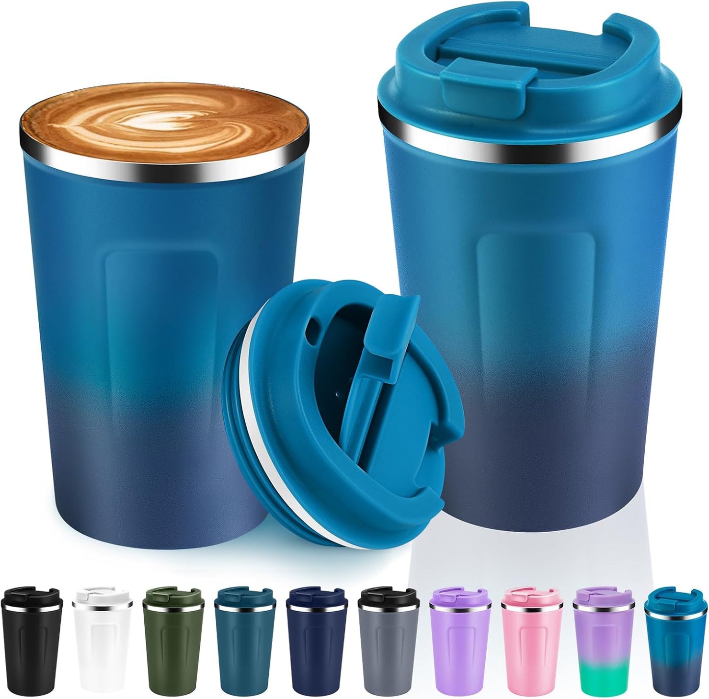 Volhoply 12 oz Double Wall Insulated Vacuum Travel Coffee Mugs with Flip Lid Bulk 2 Pack,Reusable Stainless Steel Leak Proof Coffee Cup,Portable Thermal Tumbler for Cold & Hot Drinks(Dark Night,2 Set)