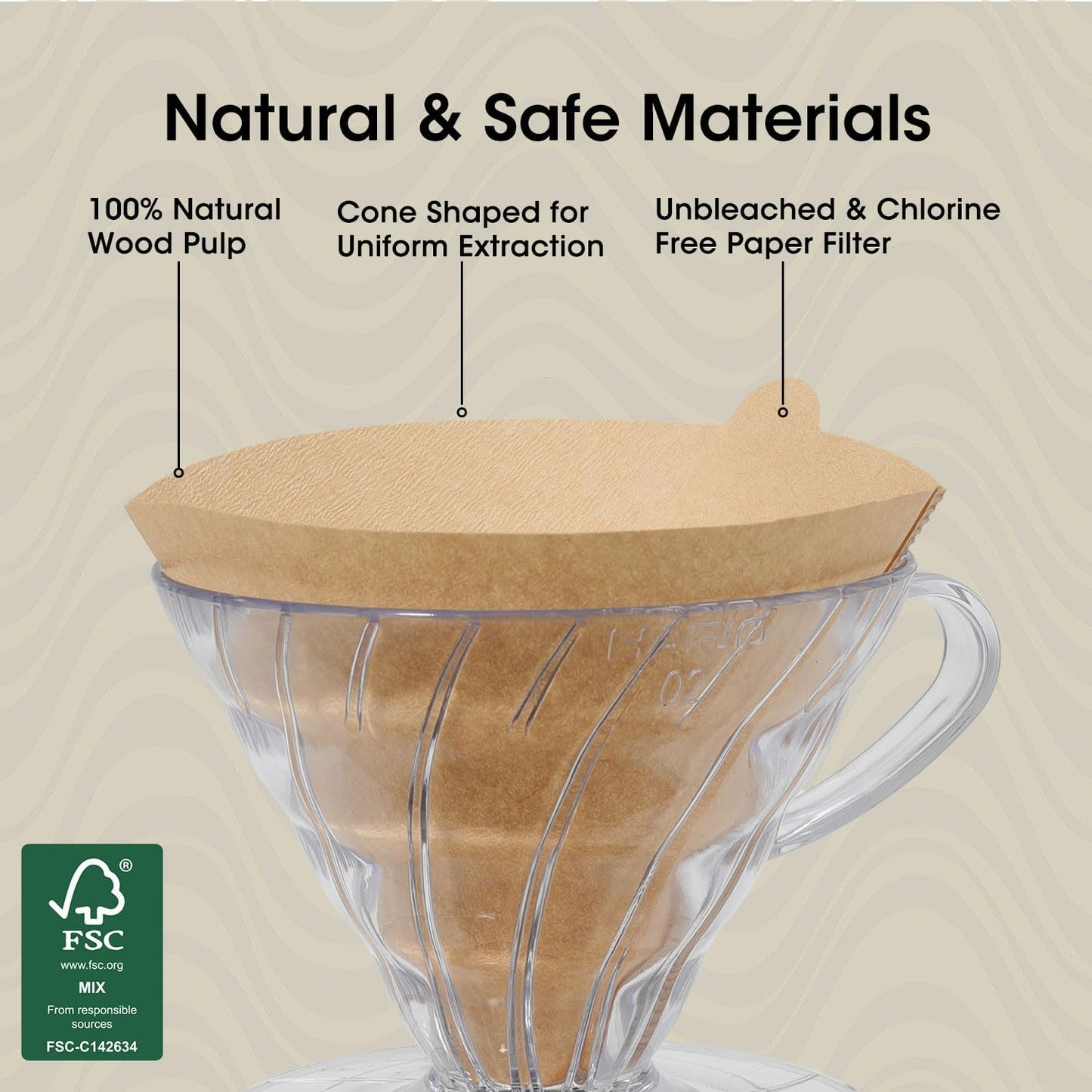 V60 Coffee Filters 02, ONIOU Unbleached Size 02 Cone Coffee Filters, 100 Count Natural Brown Pour Over Paper Filters for Hario V60 & Others 1–4 Cup Coffee Dripper