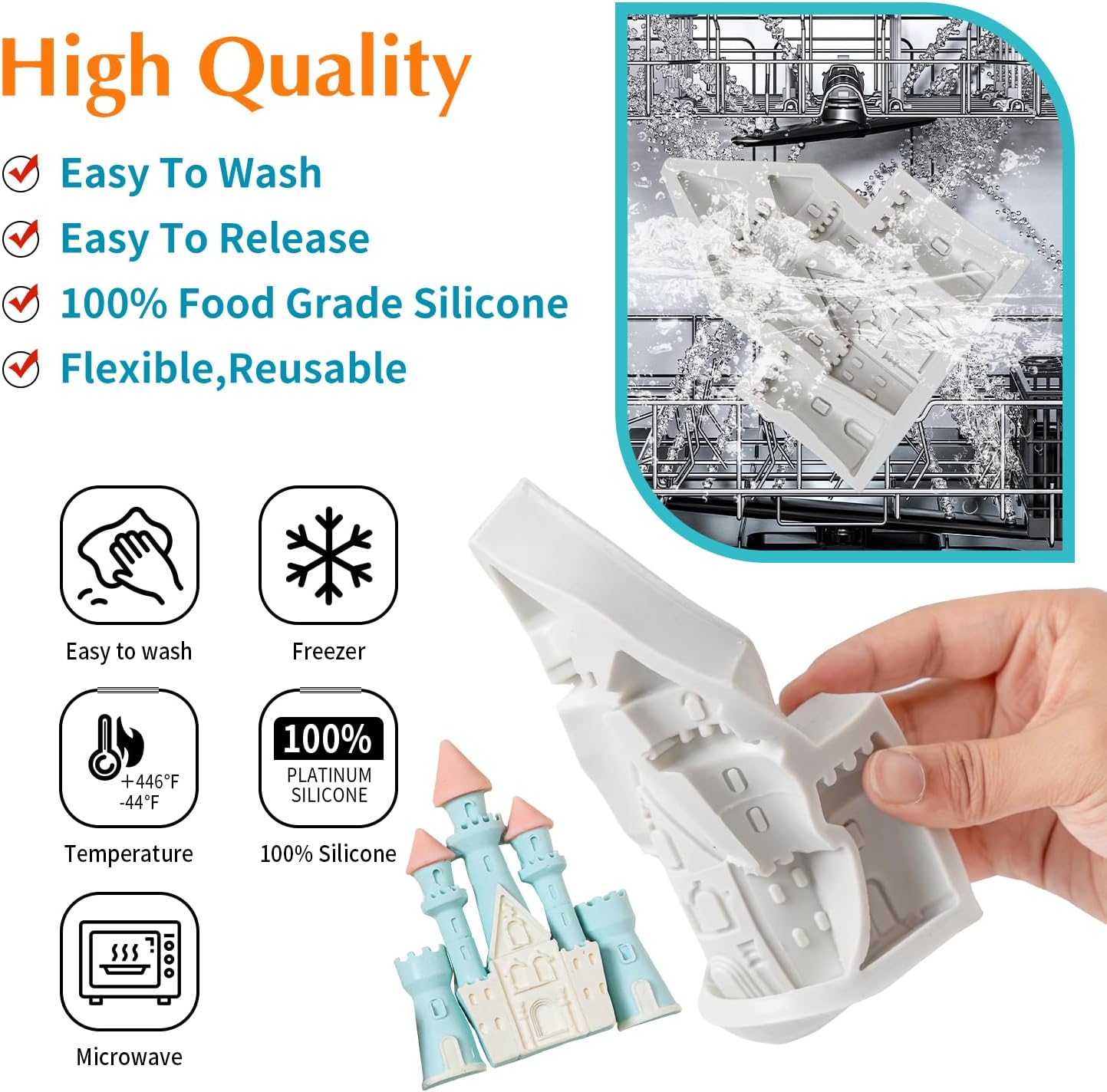 KALAIEN Castle Silicone Mold,3Pcs/Set Castle Cake Fondant Molds,Princess Chocolate Molds Castle Silicone Mirror Mould for Cake Decorating, FTM5036