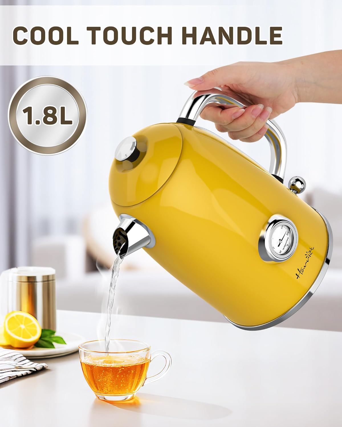 Harriet Electric Kettle, 1.8L Retro Electric Tea Kettle with Thermometer, 1500W Stainless Steel Hot Water Kettle Electric with LED Indicator, Fast Boiling, Cordless, Auto Shut-Off, Yellow
