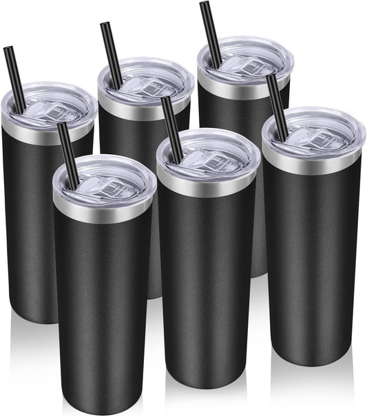 VEGOND Stainless Steel Tumblers Bulk 6 Pack, 20 oz Vacuum Insulated Skinny Tumblers with Lid and Straw, Double Wall Coffee Mug, Travel Water Cup, Black