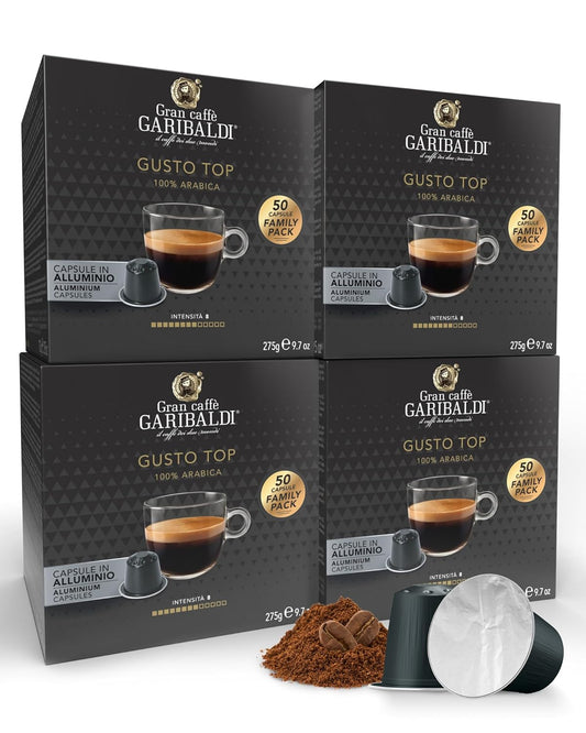 Gran Caffè Garibaldi Espresso Pods, Italian Roasted Compatible Nespresso Original Line Machines, 100% Arabica Blend, Brazilian & Central American Beans, Cocoa Aroma - Gusto Top (Aluminum) 200 Cups