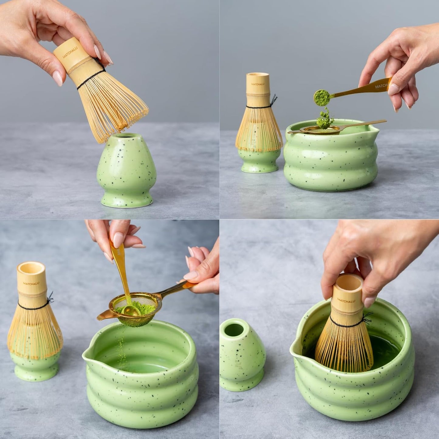 Premium 9 Piece Matcha Set Includes Ceramic Matcha Bowl, Bamboo Whisk & Holder, Stainless Steel Spoon & Sifter, Glass Cup & Straw, Electric Frother, Storage Bag - Gift for Matcha Lovers (Green)