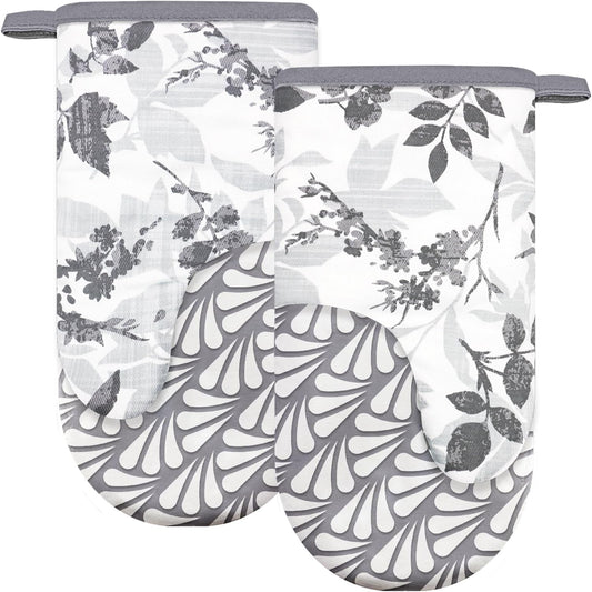 Thumb Oven Mitts, Heat and Slip Resistant Silicone Kitchen Mittens 2-Pack Set, Foliage Textured Flower Soft Long Oven Gloves, Flexible Thick Potholders for Safe Baking Cooking and Gr (Grayish)