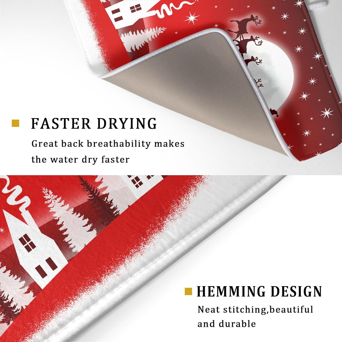 Christmas Reindeer Moon Star Red Dish Drying Mat for Kitchen Counter,White Xmas Tree Castle Drying Mat 18 x 24 Inch with Absorbent Reversible Microfiber Dish Drying Pad for Coffee Bar