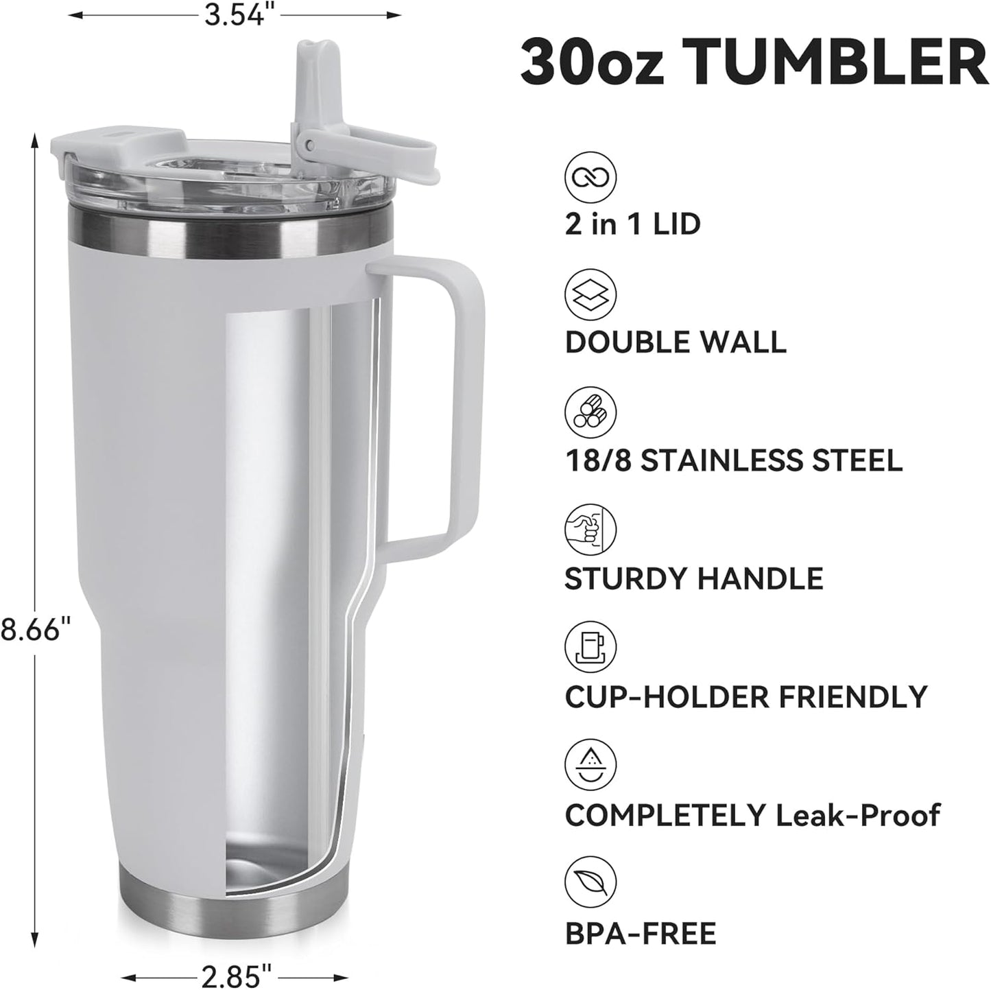 30oz Tumbler with Handle, Insulated Leak Proof Coffee Travel Mug with Straw Lid Double Wall Stainless Steel Vacuum Tumblers Metal Cup Keep Hot and Iced Drink for Gym, Office, Camping, White 1 Pack